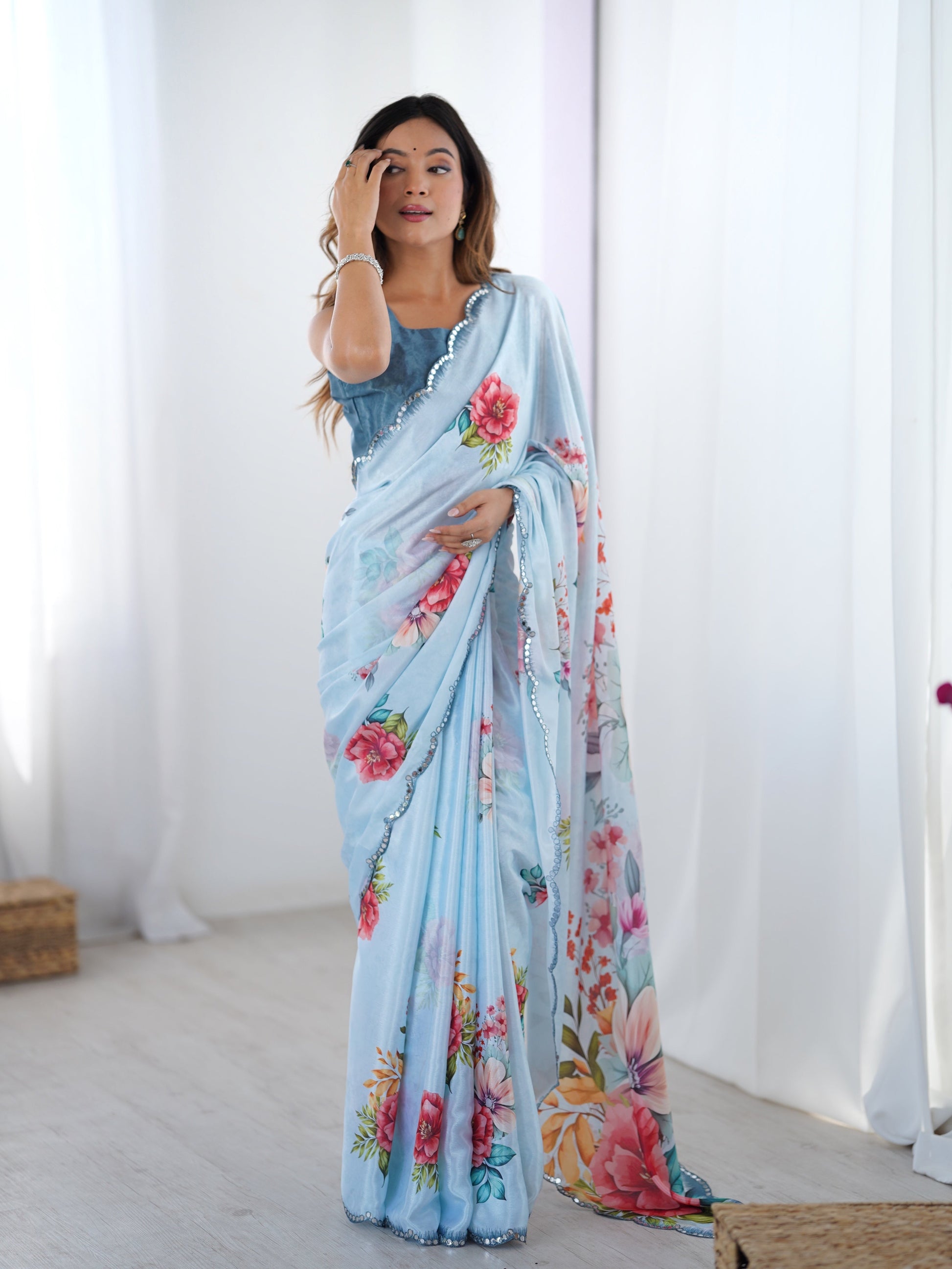 Jyoti Fashion Women's Sky Blue Chinon Digital Printed Designer Saree with Blouse - Swadesiicart