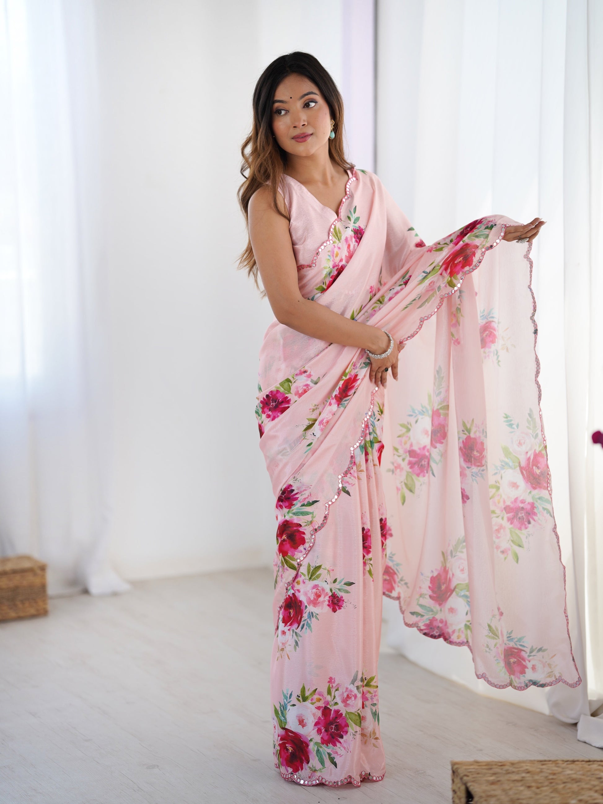 Jyoti Fashion Women's Baby Pink Chinon Digital Printed Designer Saree with Blouse - Swadesiicart