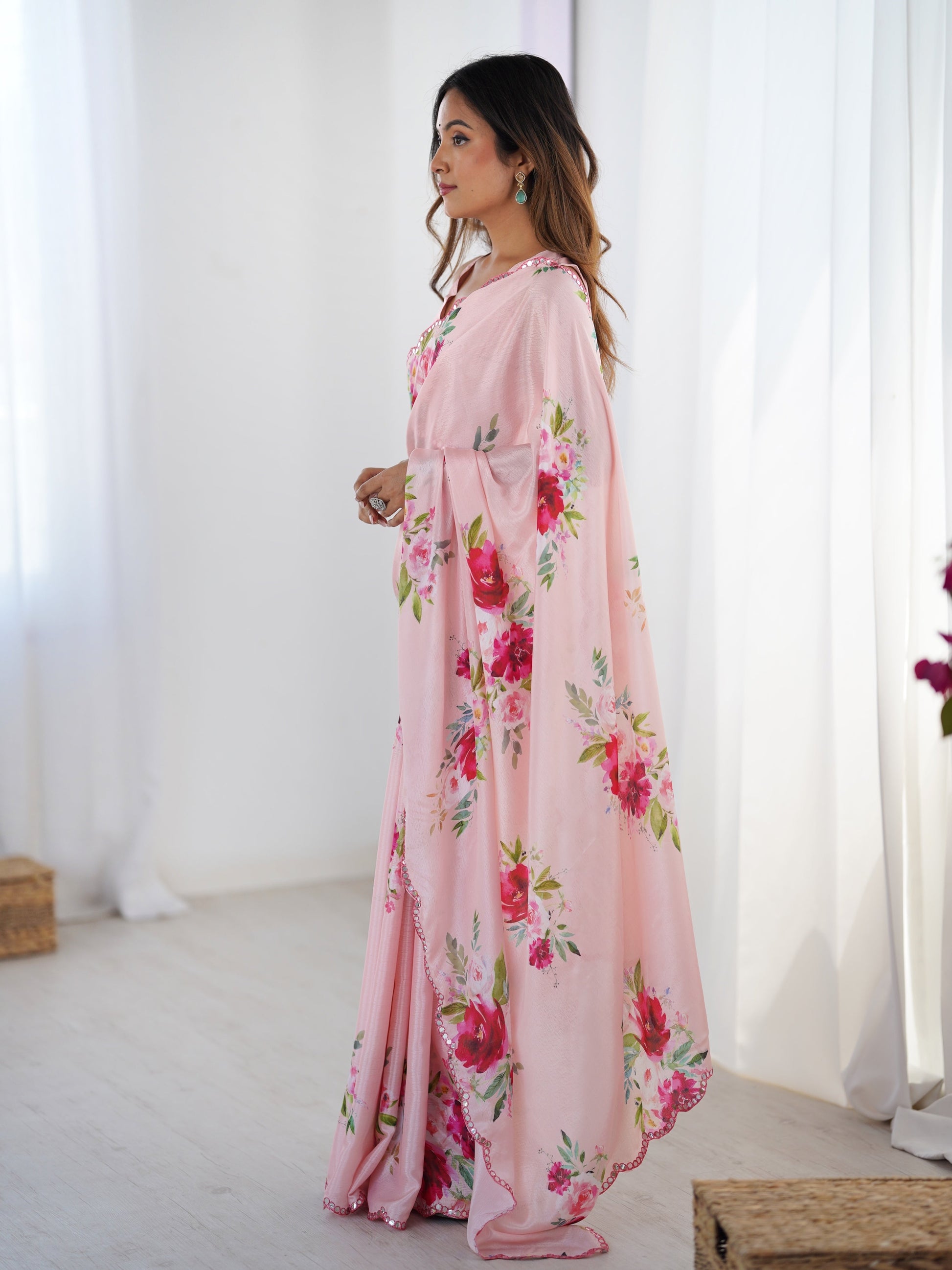 Jyoti Fashion Women's Baby Pink Chinon Digital Printed Designer Saree with Blouse - Swadesiicart