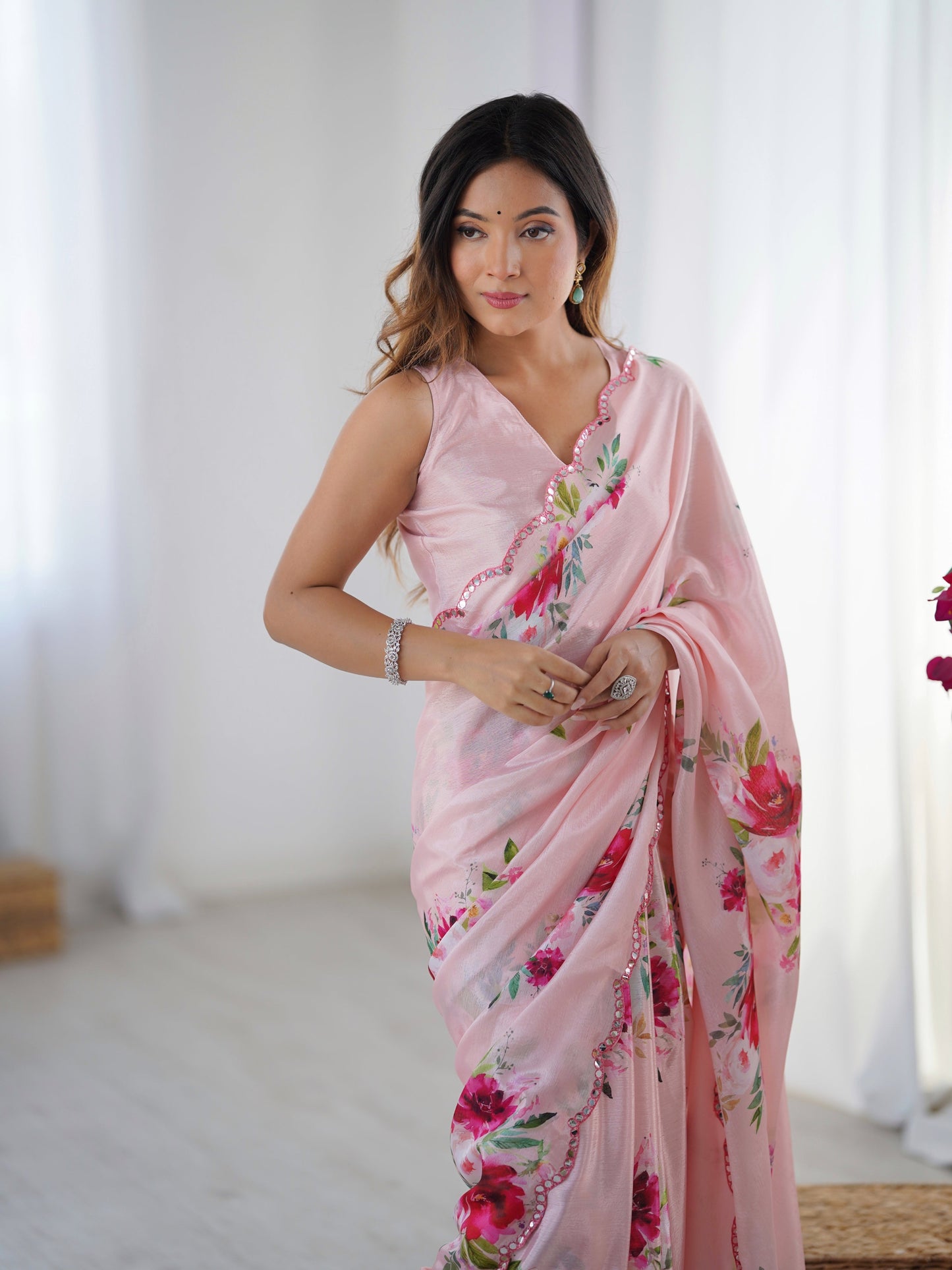 Jyoti Fashion Women's Baby Pink Chinon Digital Printed Designer Saree with Blouse - Swadesiicart