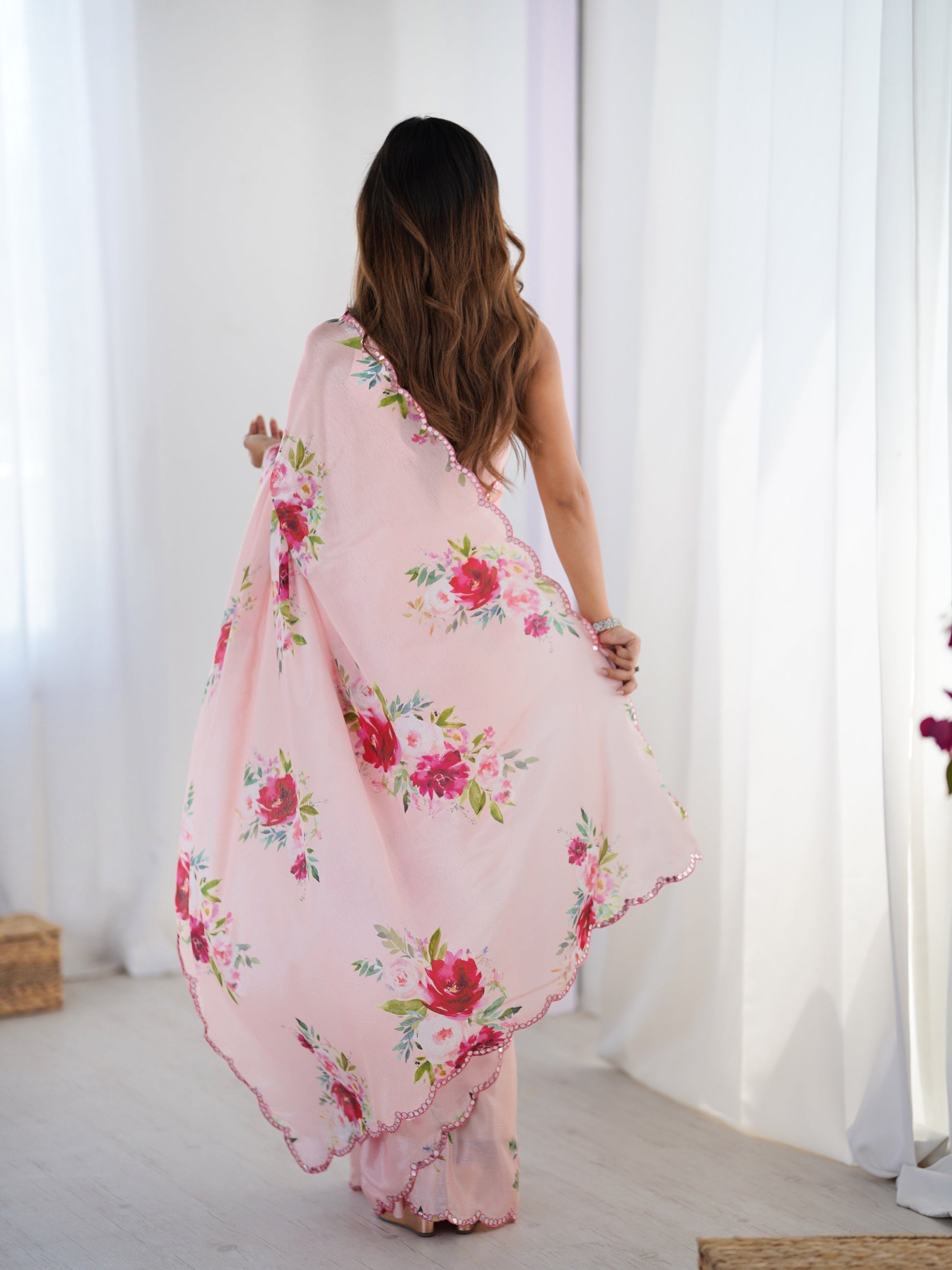 Jyoti Fashion Women's Baby Pink Chinon Digital Printed Designer Saree with Blouse - Swadesiicart