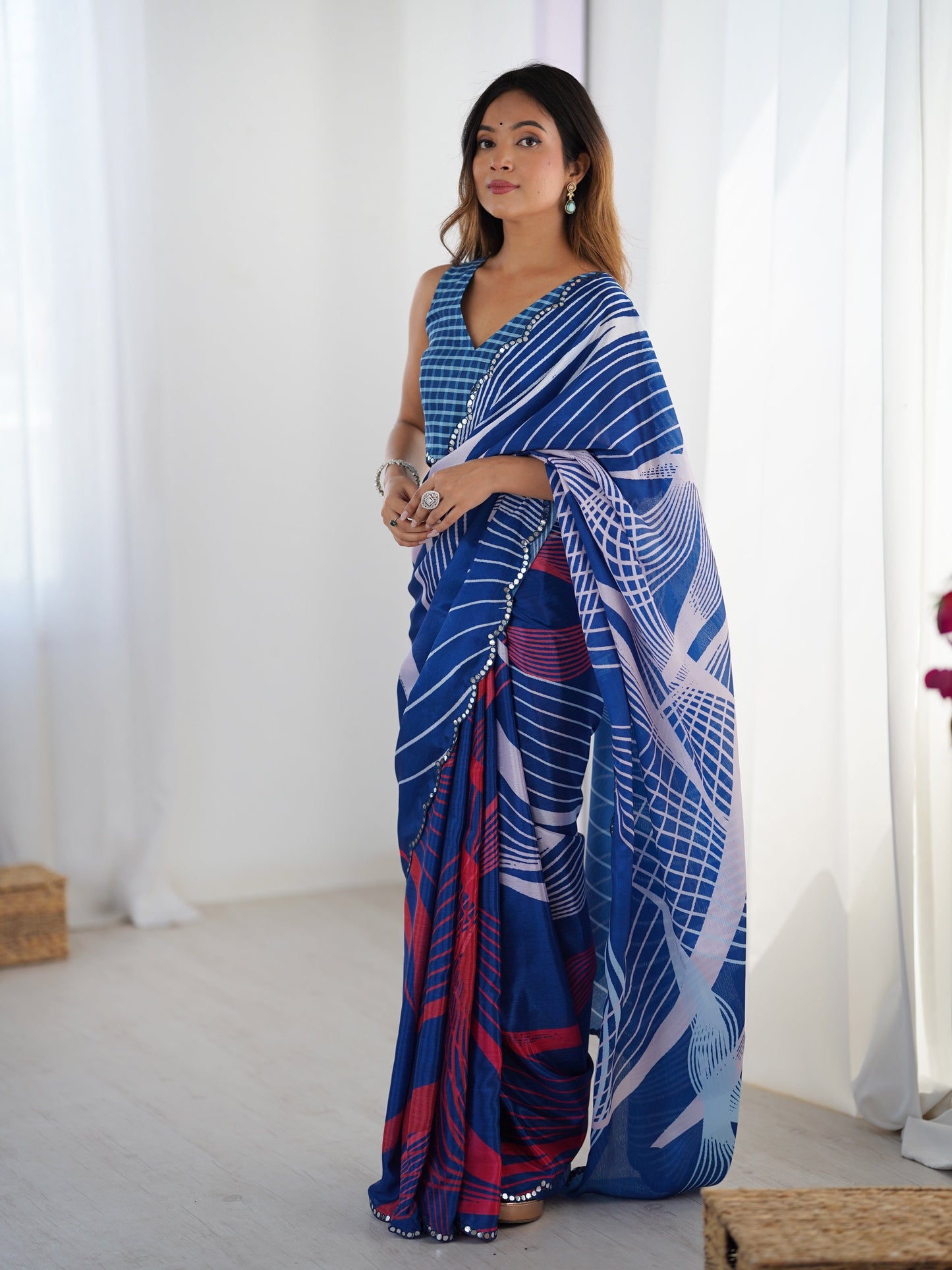 Jyoti Fashion Women's Blue Chinon Digital Printed Designer Saree with Blouse - Swadesiicart