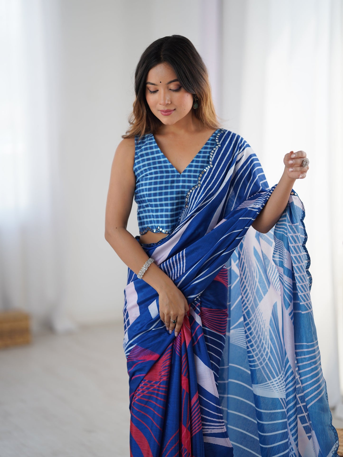 Jyoti Fashion Women's Blue Chinon Digital Printed Designer Saree with Blouse - Swadesiicart