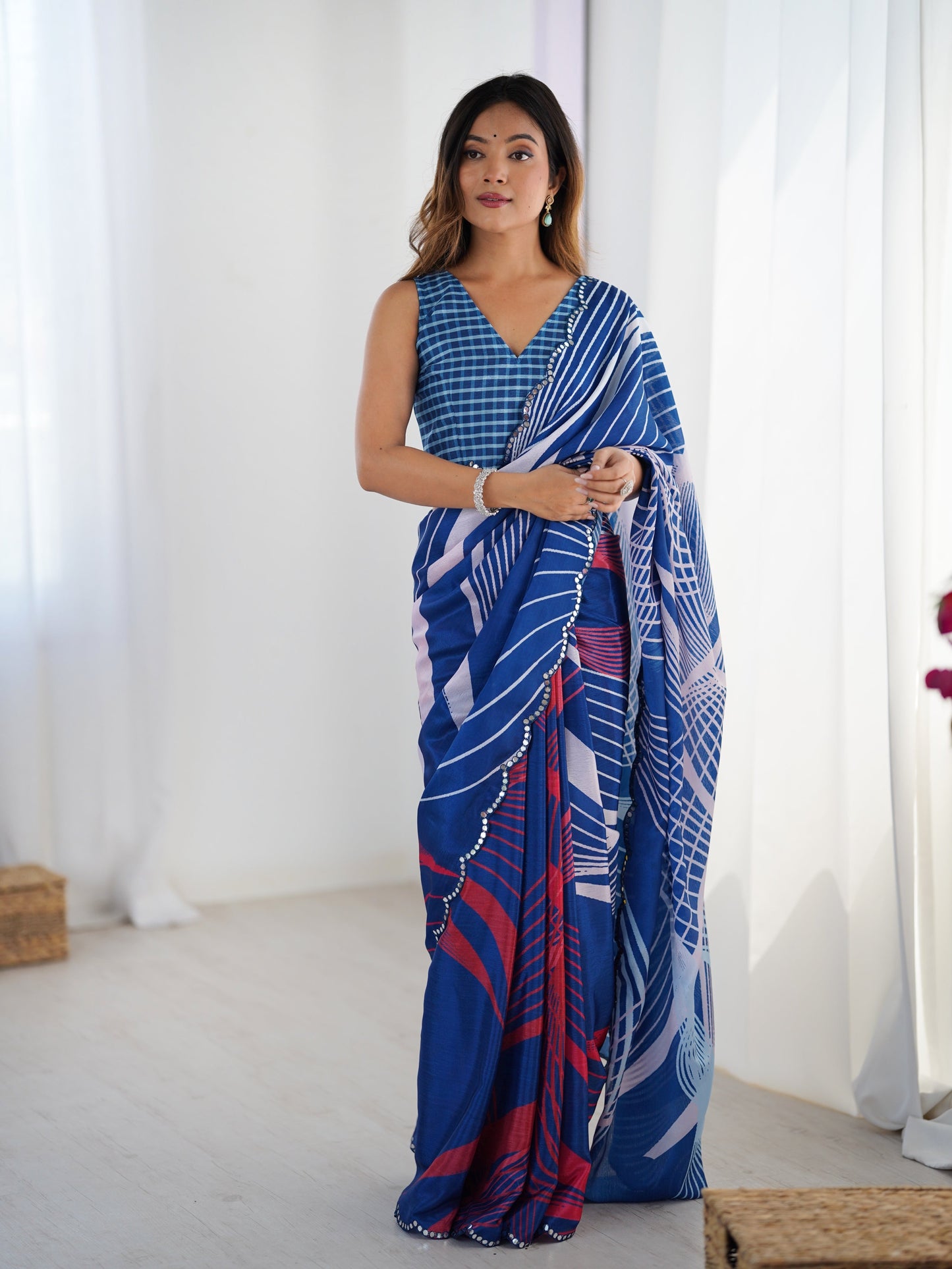 Jyoti Fashion Women's Blue Chinon Digital Printed Designer Saree with Blouse - Swadesiicart