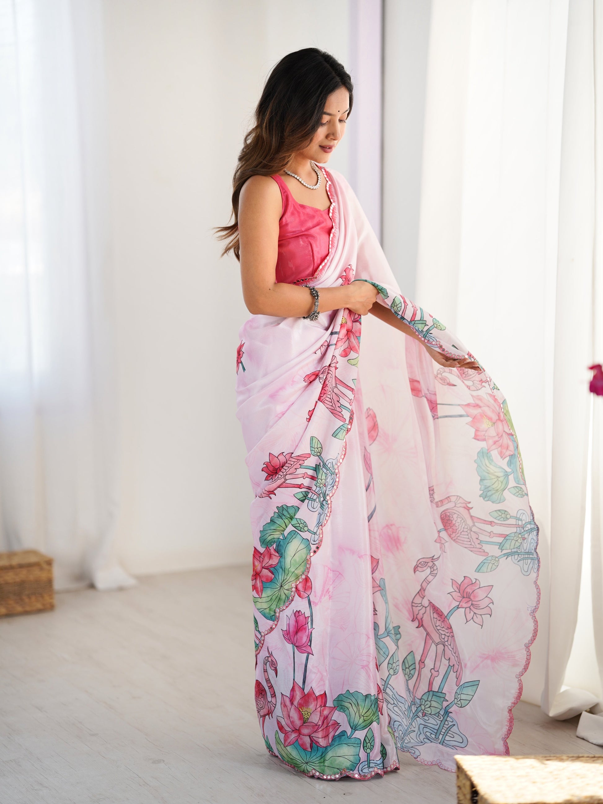 Jyoti Fashion Women's Pink Chinon Digital Printed Designer Saree with Blouse - Swadesiicart