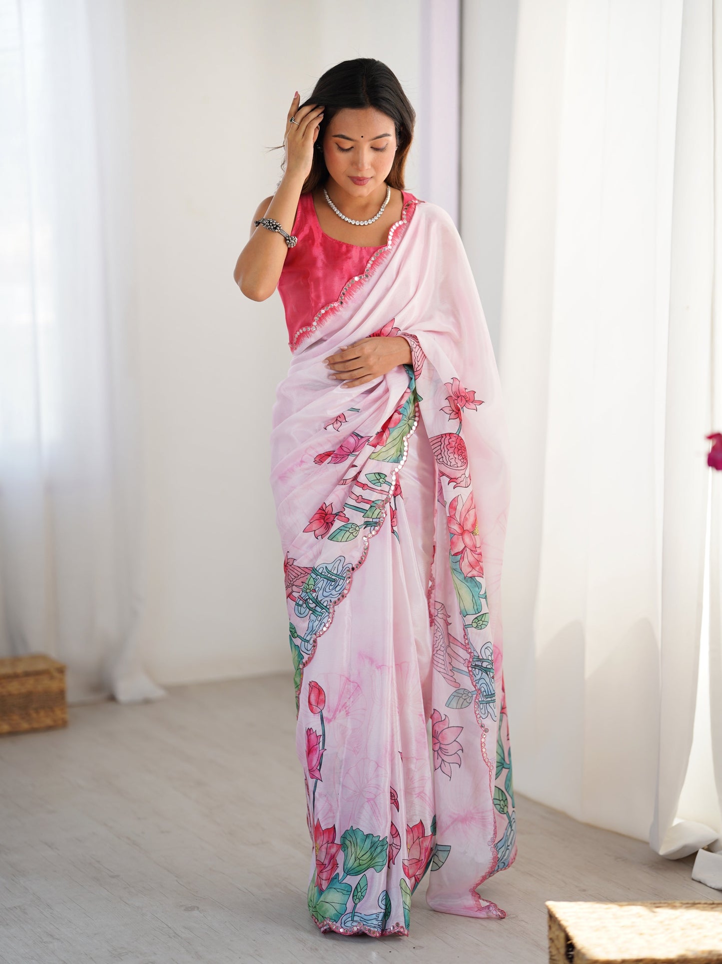 Jyoti Fashion Women's Pink Chinon Digital Printed Designer Saree with Blouse - Swadesiicart