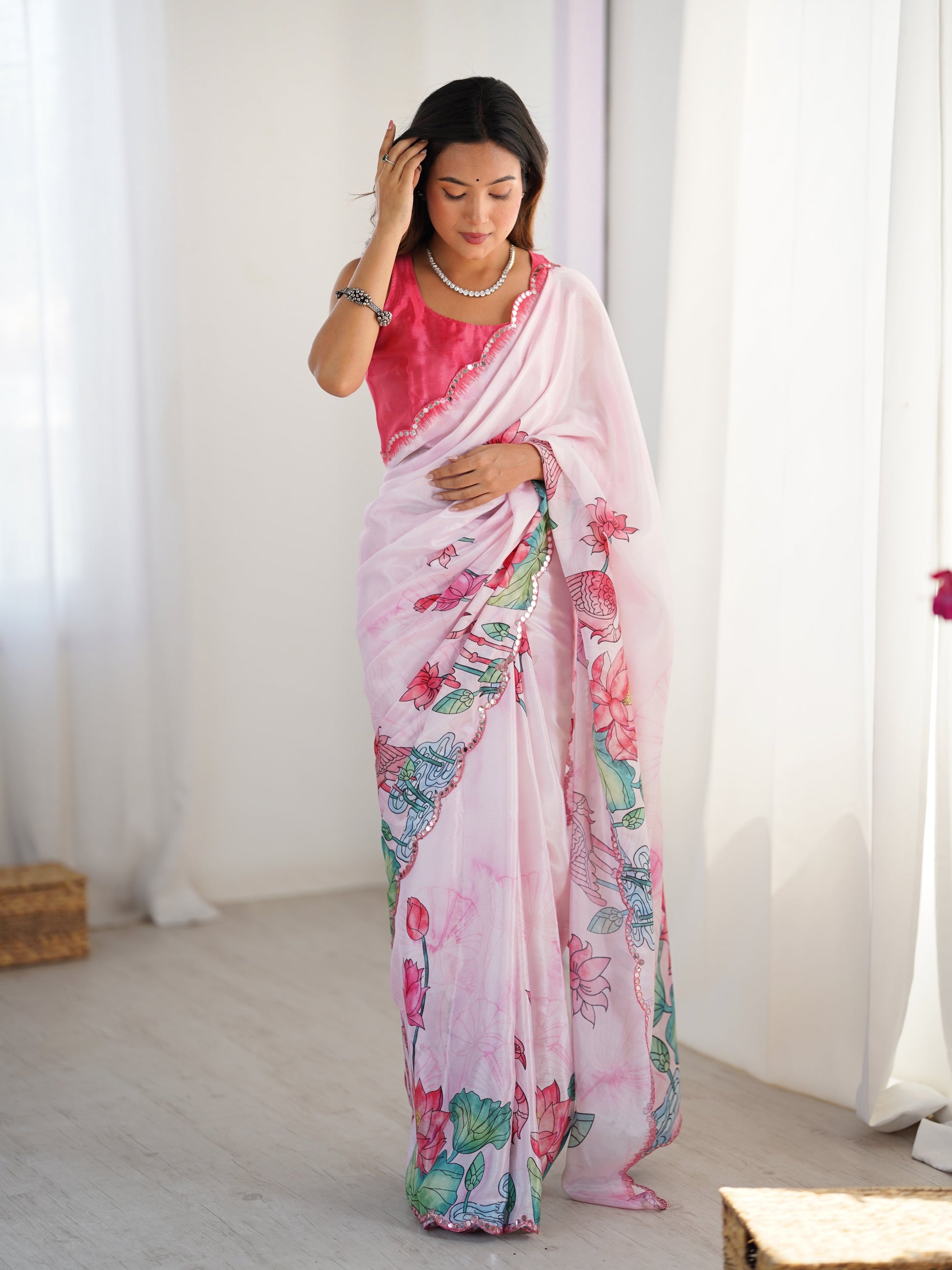 Jyoti Fashion Women's Pink Chinon Digital Printed Designer Saree with Blouse - Swadesiicart