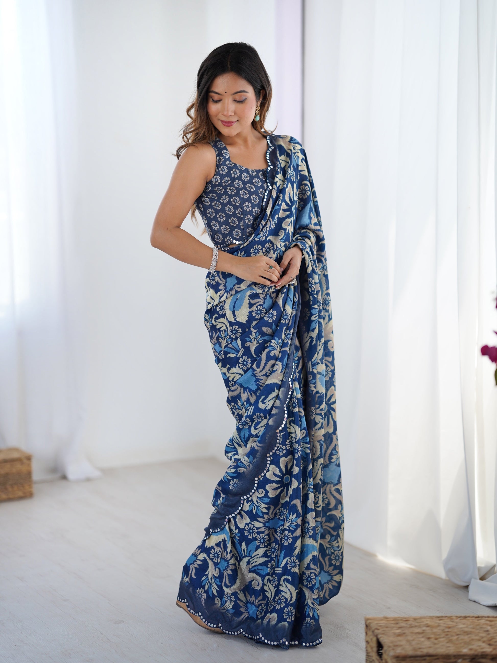 Jyoti Fashion Women's Navy Blue Chinon Digital Printed Designer Saree with Blouse - Swadesiicart
