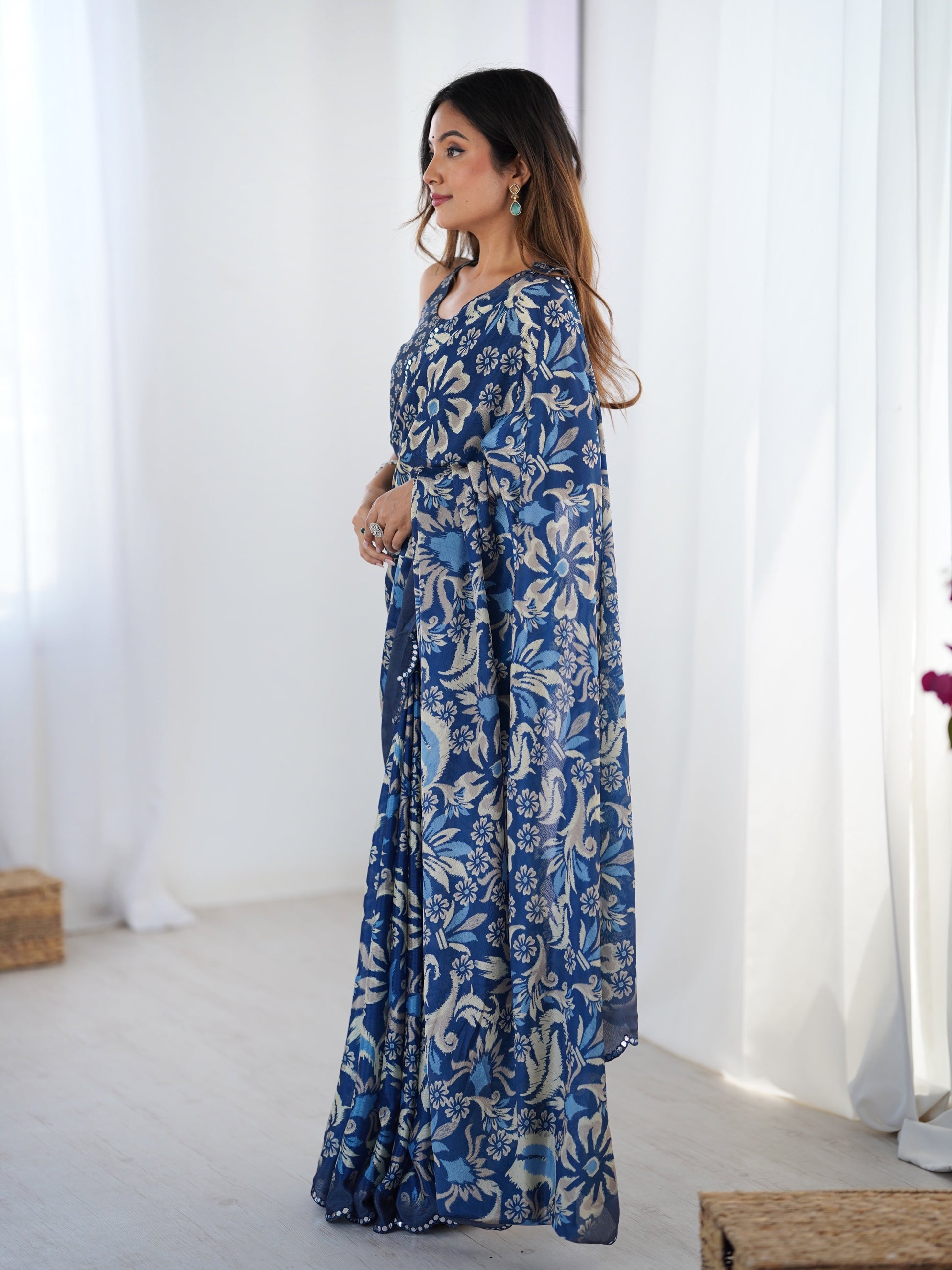 Jyoti Fashion Women's Navy Blue Chinon Digital Printed Designer Saree with Blouse - Swadesiicart