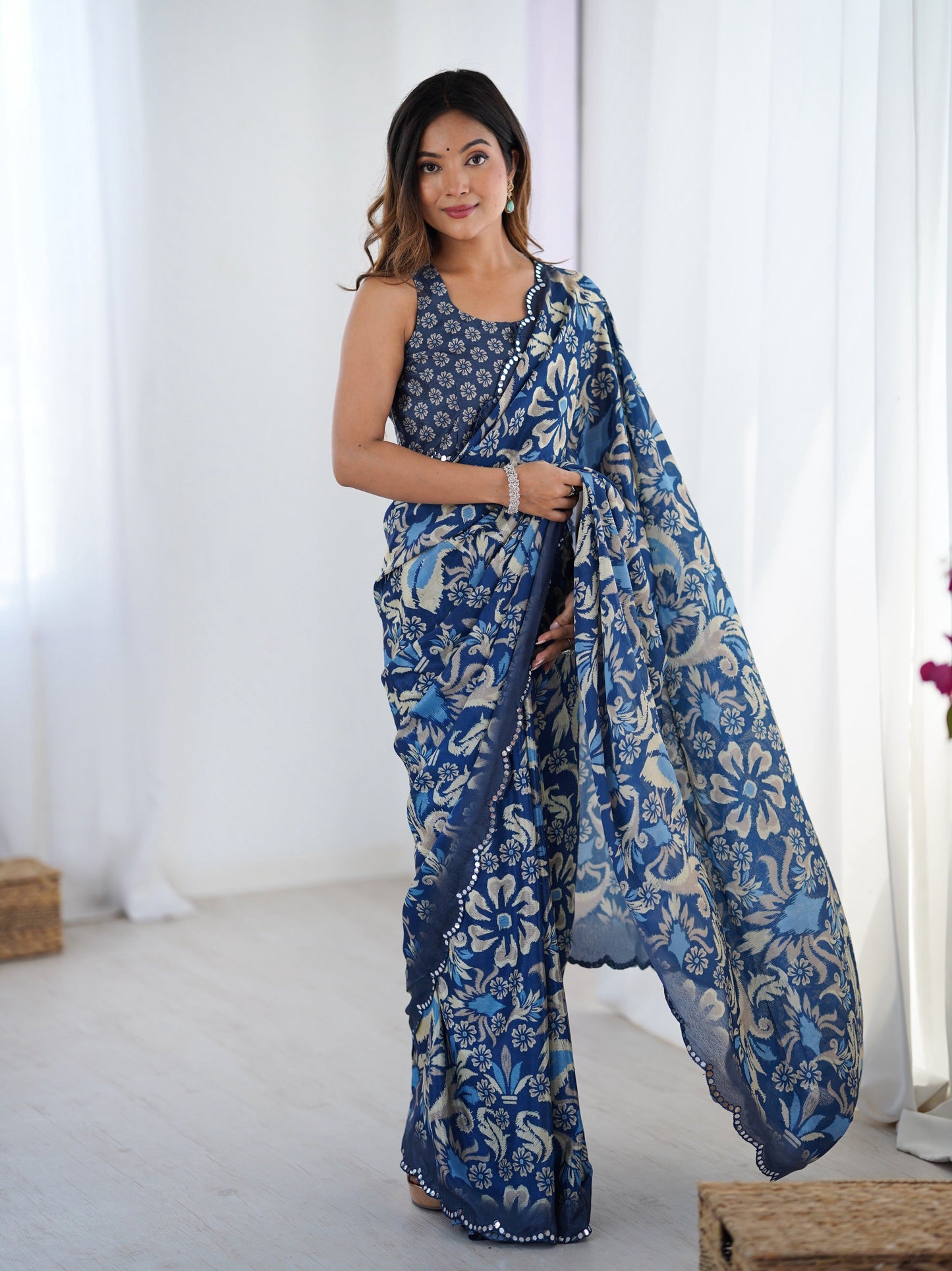 Jyoti Fashion Women's Navy Blue Chinon Digital Printed Designer Saree with Blouse - Swadesiicart