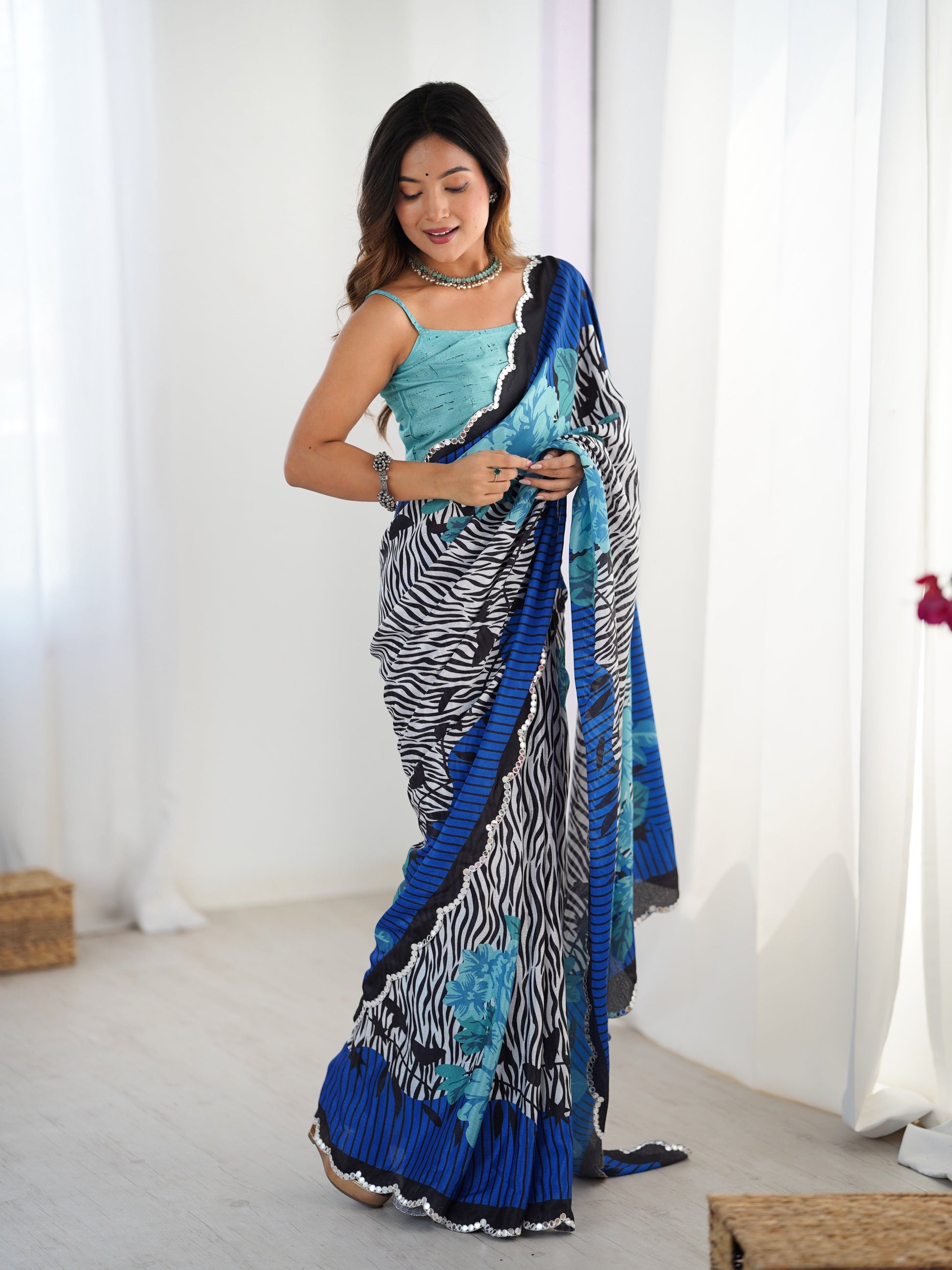 Jyoti Fashion Women's Multicolor Chinon Digital Printed Designer Saree with Blouse - Swadesiicart