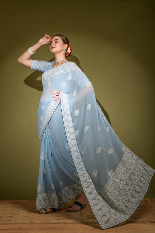 Jyoti Fashion Women's Sky Blue Lakhnavi Thread work Georgette Saree with Blouse | Swadesiicart