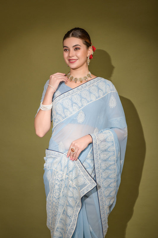 Jyoti Fashion Women's Sky Blue Lakhnavi Thread work Georgette Saree with Blouse | Swadesiicart
