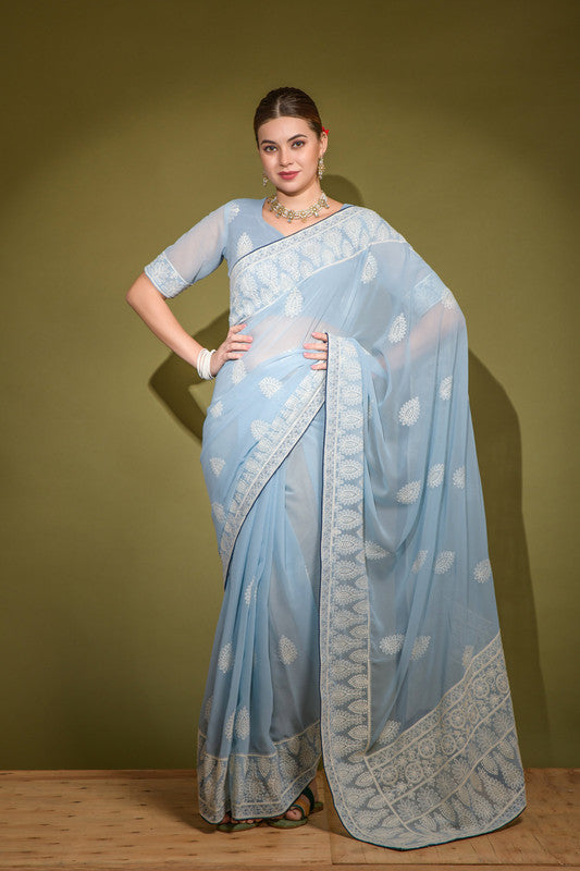 Jyoti Fashion Women's Sky Blue Lakhnavi Thread work Georgette Saree with Blouse | Swadesiicart