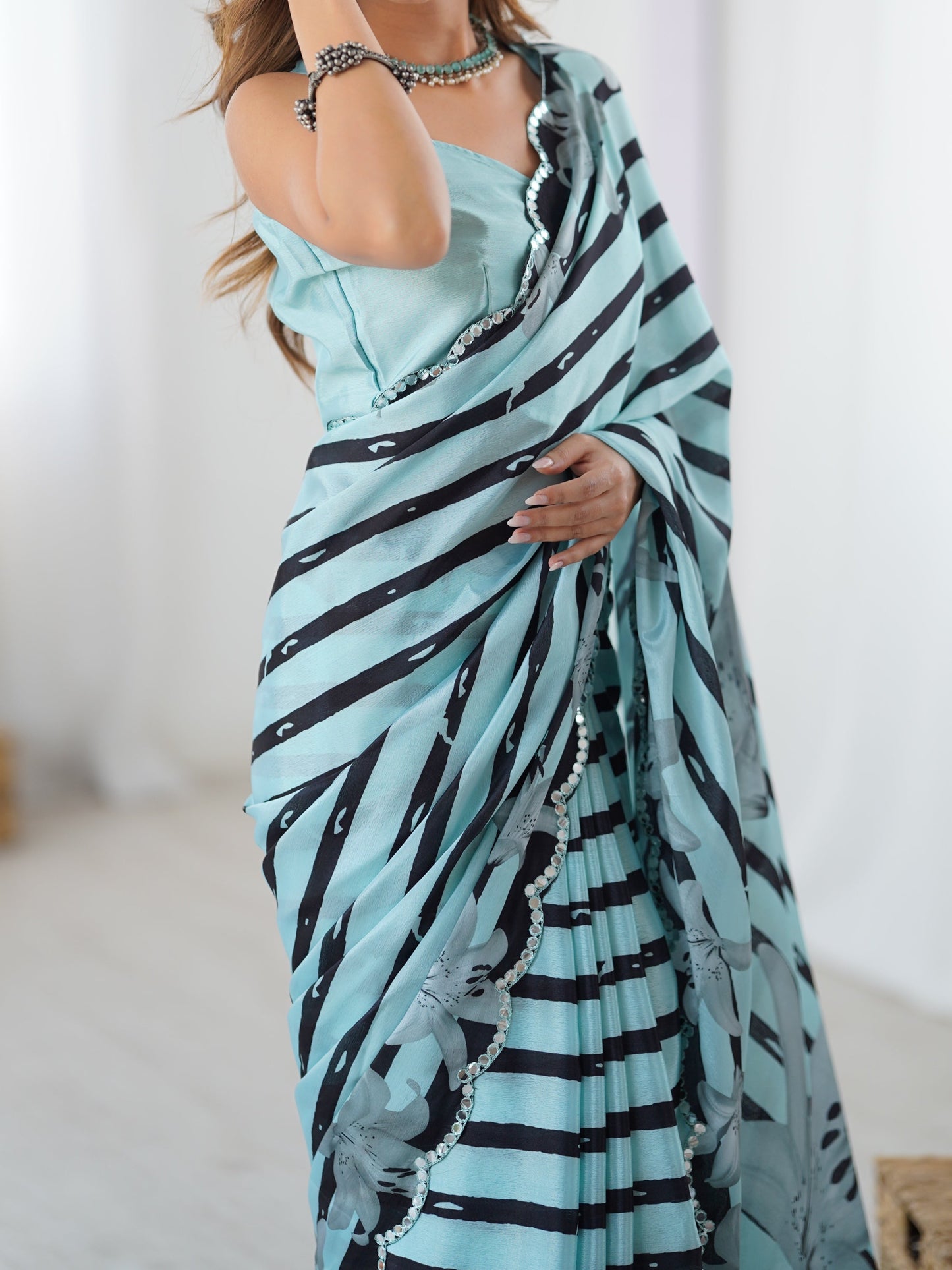 Jyoti Fashion Women's Sea Green Chinon Digital Printed Designer Saree with Blouse - Swadesiicart
