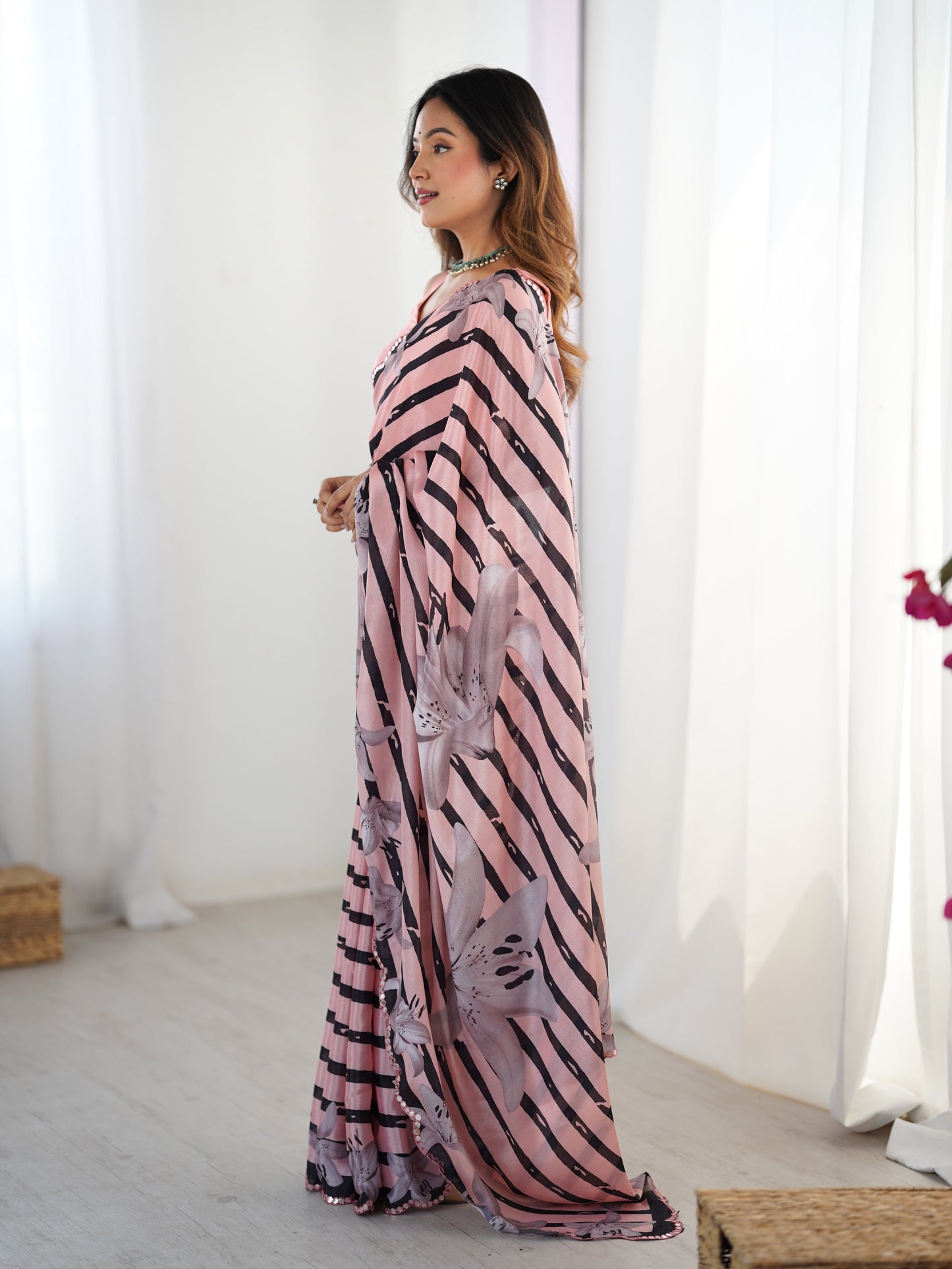 Jyoti Fashion Women's Baby Pink Chinon Digital Printed Designer Saree with Blouse - Swadesiicart