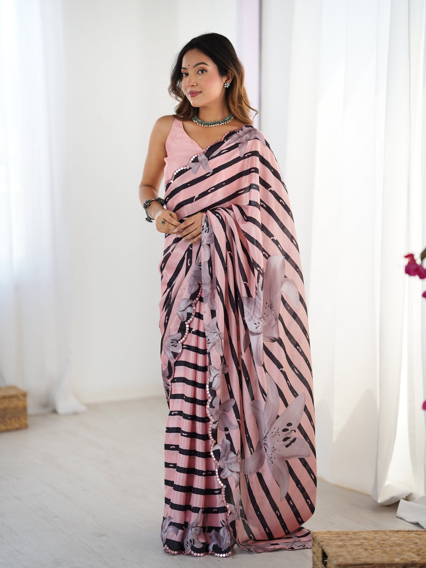 Jyoti Fashion Women's Baby Pink Chinon Digital Printed Designer Saree with Blouse - Swadesiicart