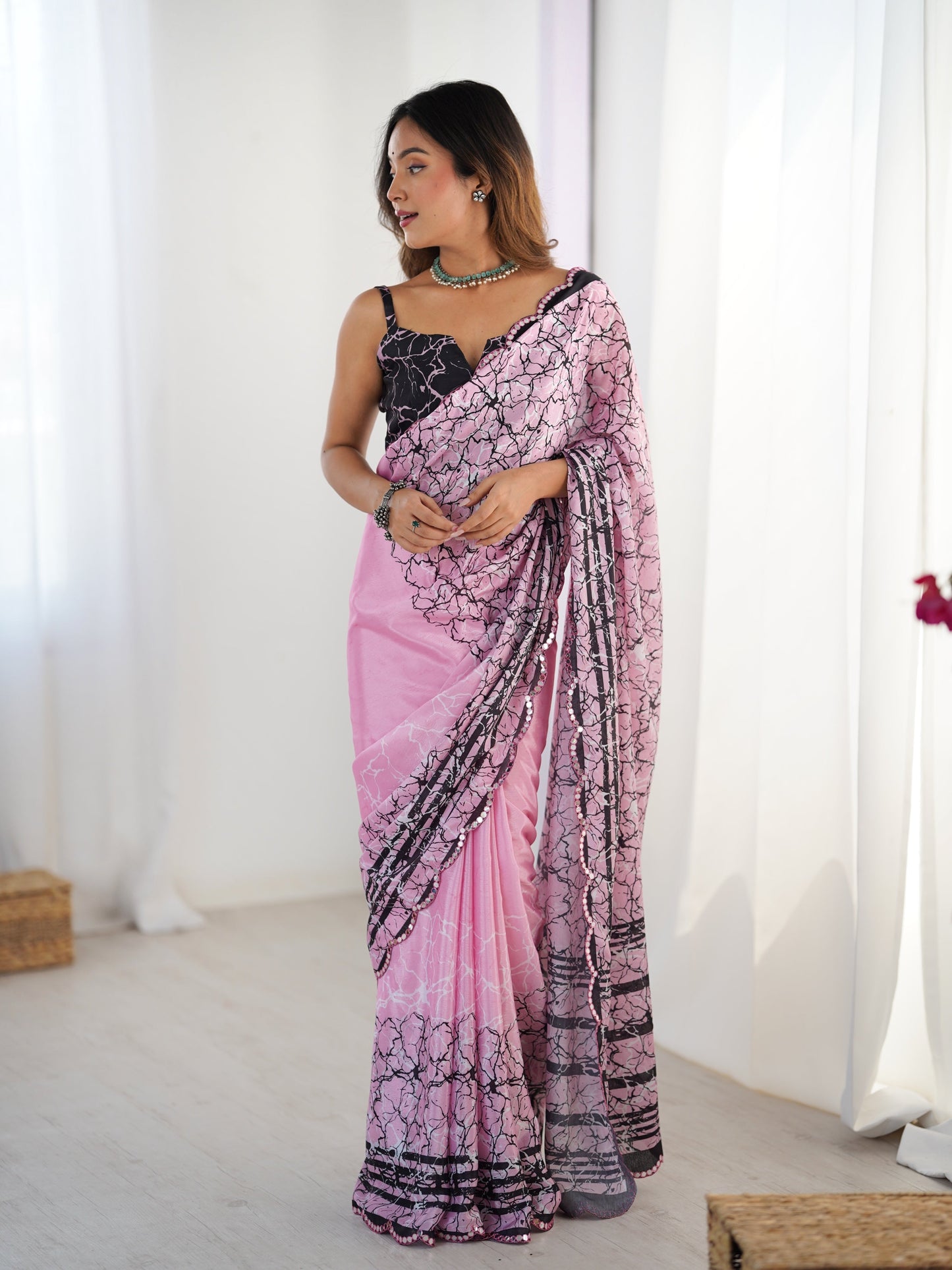 Jyoti Fashion Women's Pink Chinon Digital Printed Designer Saree with Blouse - Swadesiicart