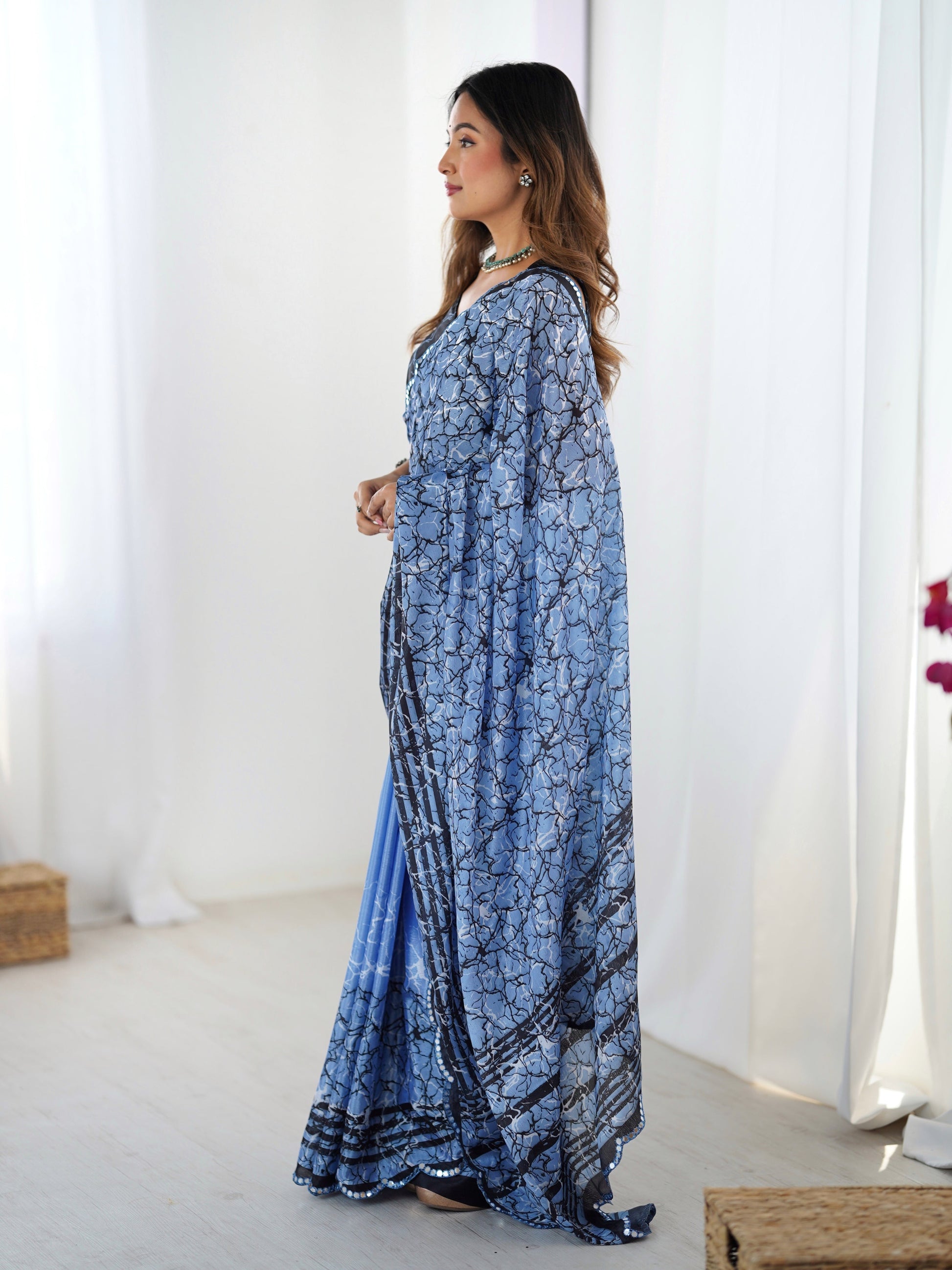 Jyoti Fashion Women's Blue Chinon Digital Printed Designer Saree with Blouse - Swadesiicart