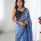 Jyoti Fashion Women's Blue Chinon Digital Printed Designer Saree with Blouse - Swadesiicart
