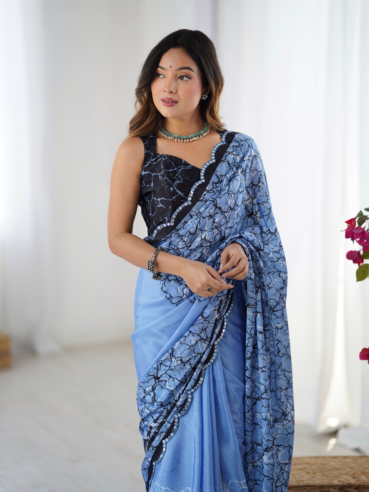 Jyoti Fashion Women's Blue Chinon Digital Printed Designer Saree with Blouse - Swadesiicart
