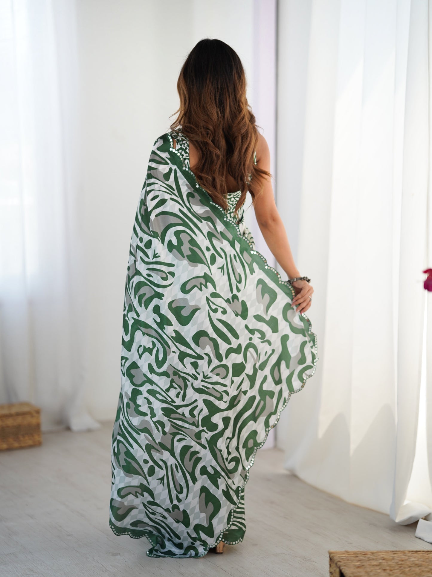 Jyoti Fashion Women's Green Chinon Digital Printed Designer Saree with Blouse - Swadesiicart