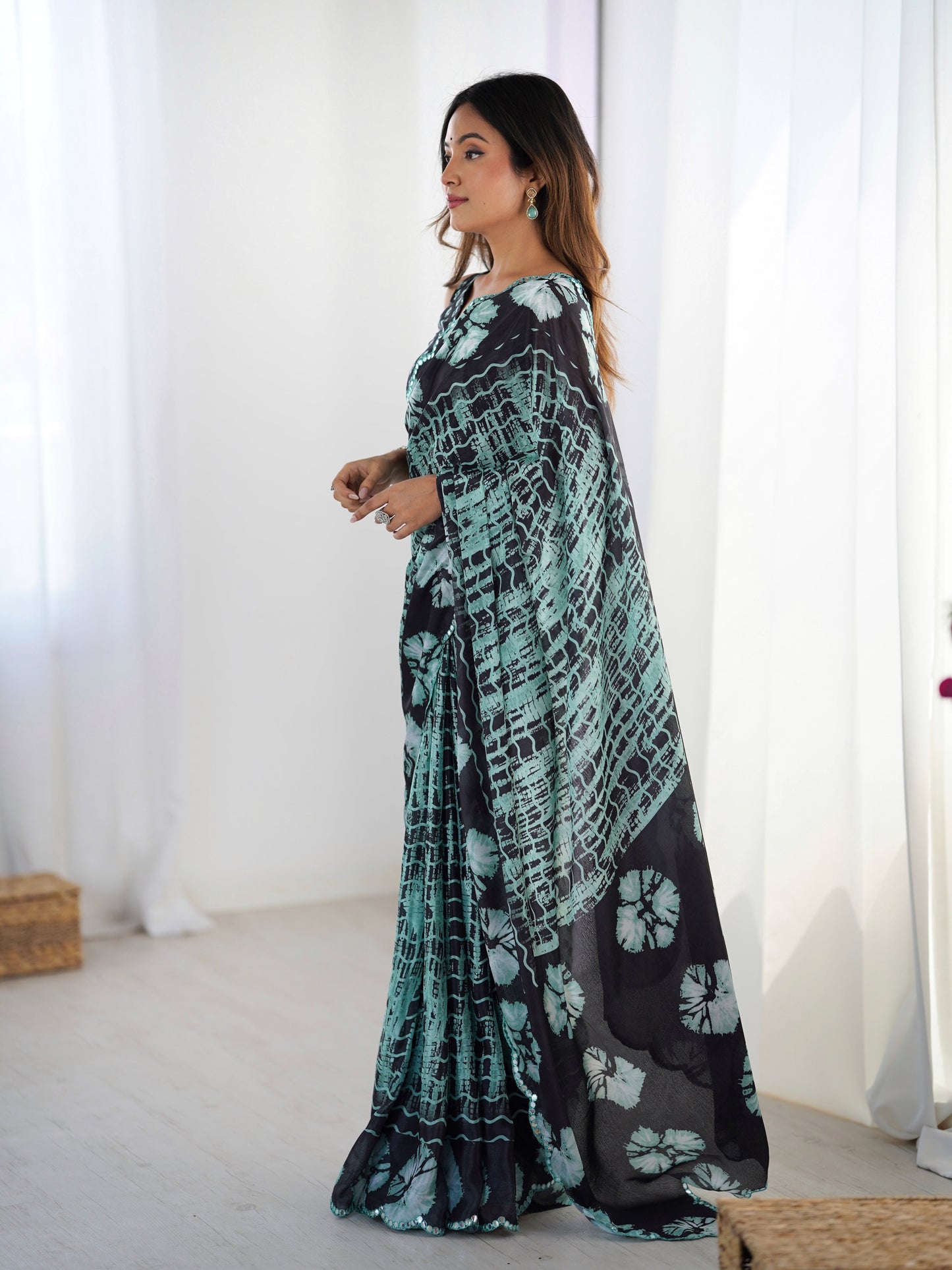Jyoti Fashion Women's Sea Green Chinon Digital Printed Designer Saree with Blouse - Swadesiicart