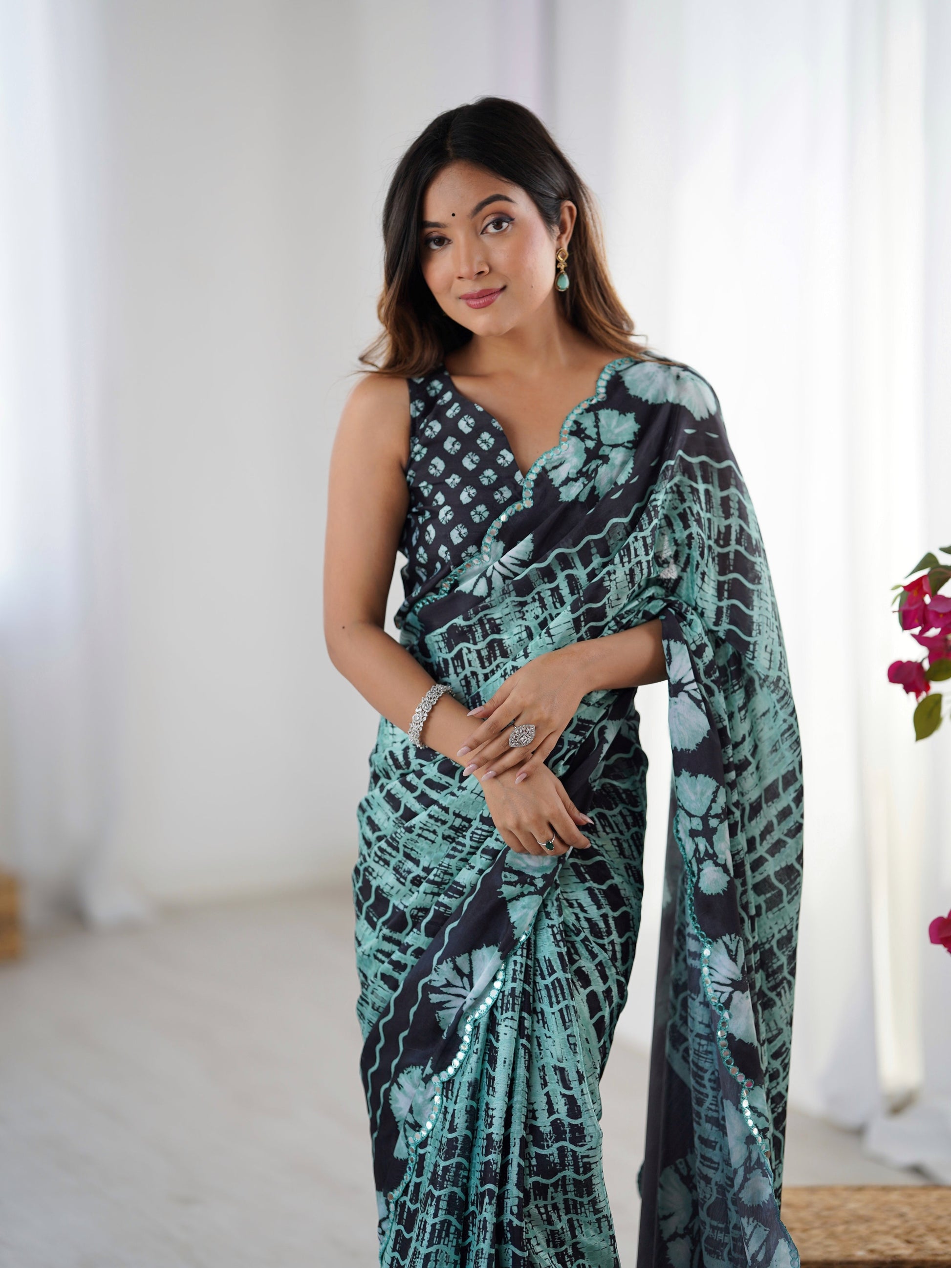 Jyoti Fashion Women's Sea Green Chinon Digital Printed Designer Saree with Blouse - Swadesiicart