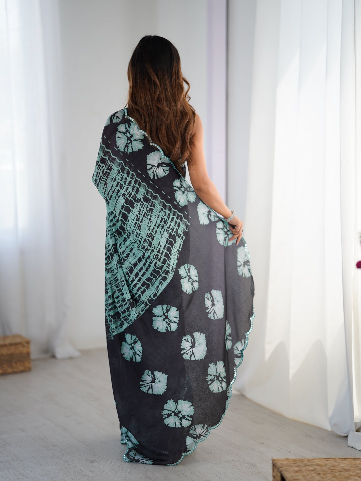 Jyoti Fashion Women's Sea Green Chinon Digital Printed Designer Saree with Blouse - Swadesiicart