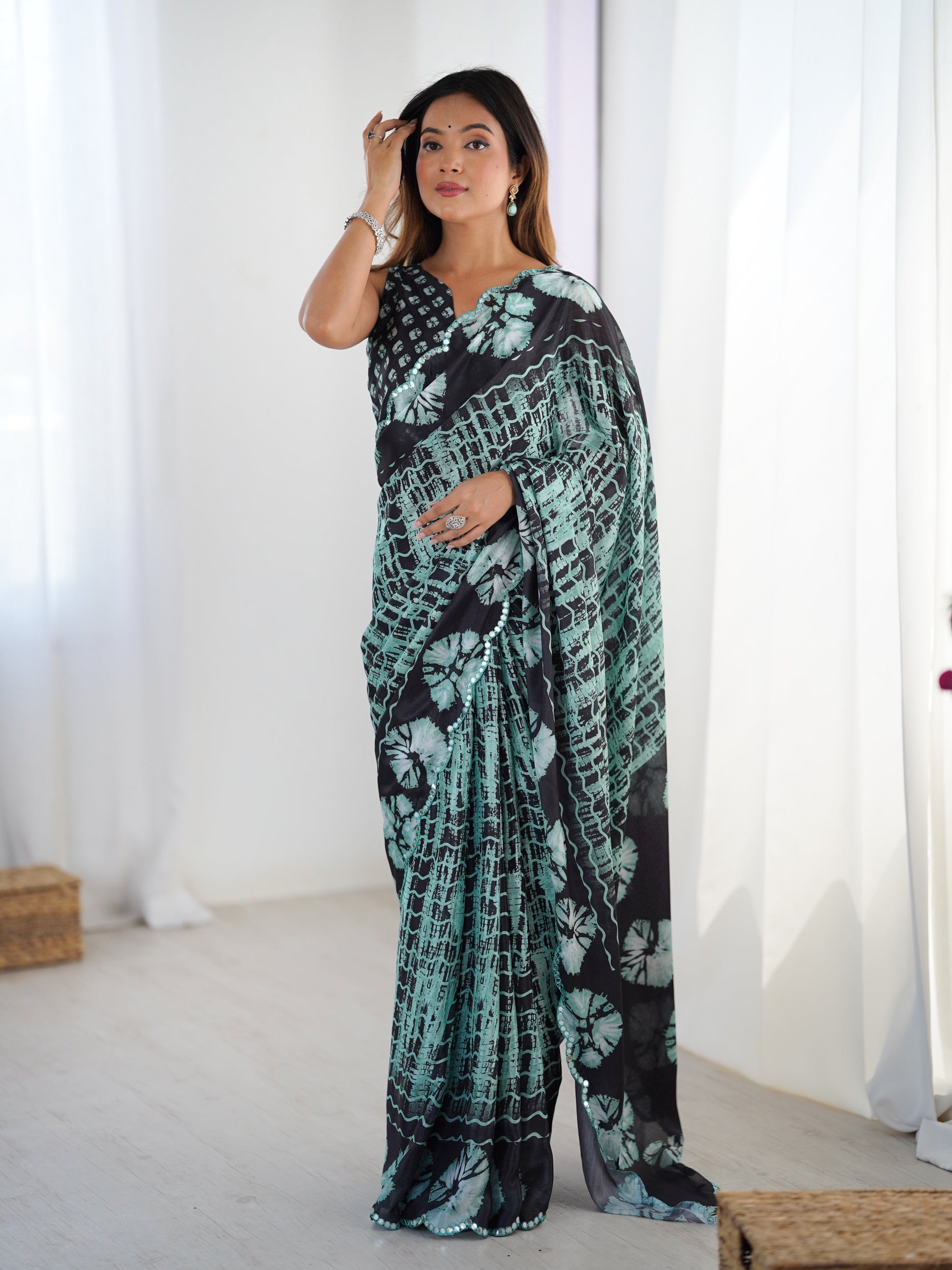 Jyoti Fashion Women's Sea Green Chinon Digital Printed Designer Saree with Blouse - Swadesiicart