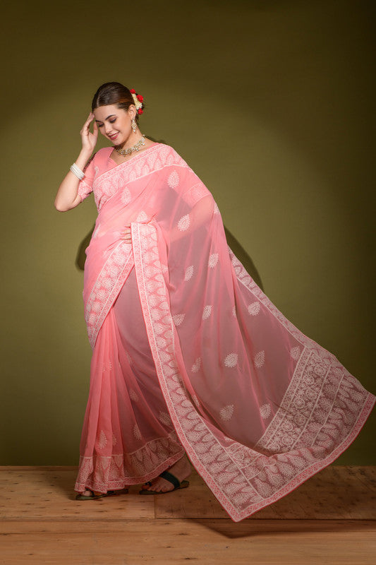 Jyoti Fashion Women's Pink Lakhnavi Thread work Georgette Saree with Blouse | Swadesiicart