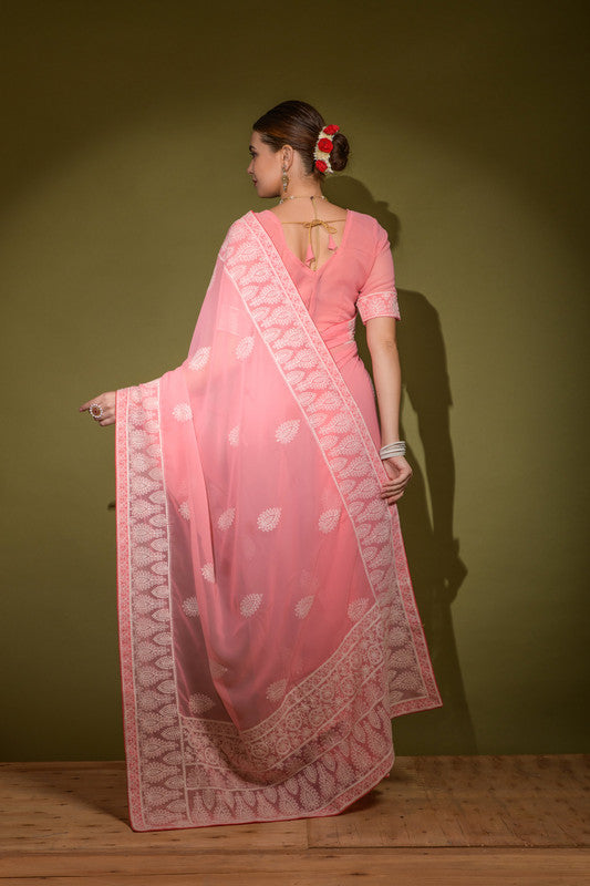 Jyoti Fashion Women's Pink Lakhnavi Thread work Georgette Saree with Blouse | Swadesiicart