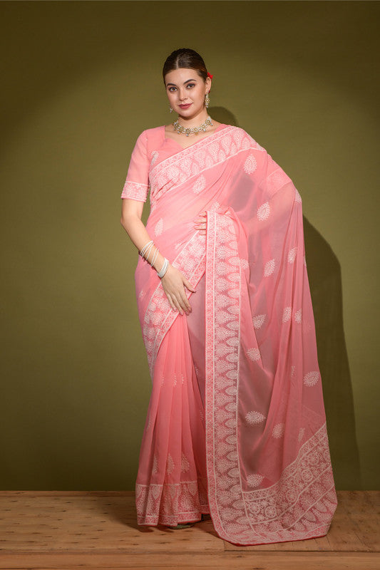 Jyoti Fashion Women's Pink Lakhnavi Thread work Georgette Saree with Blouse | Swadesiicart