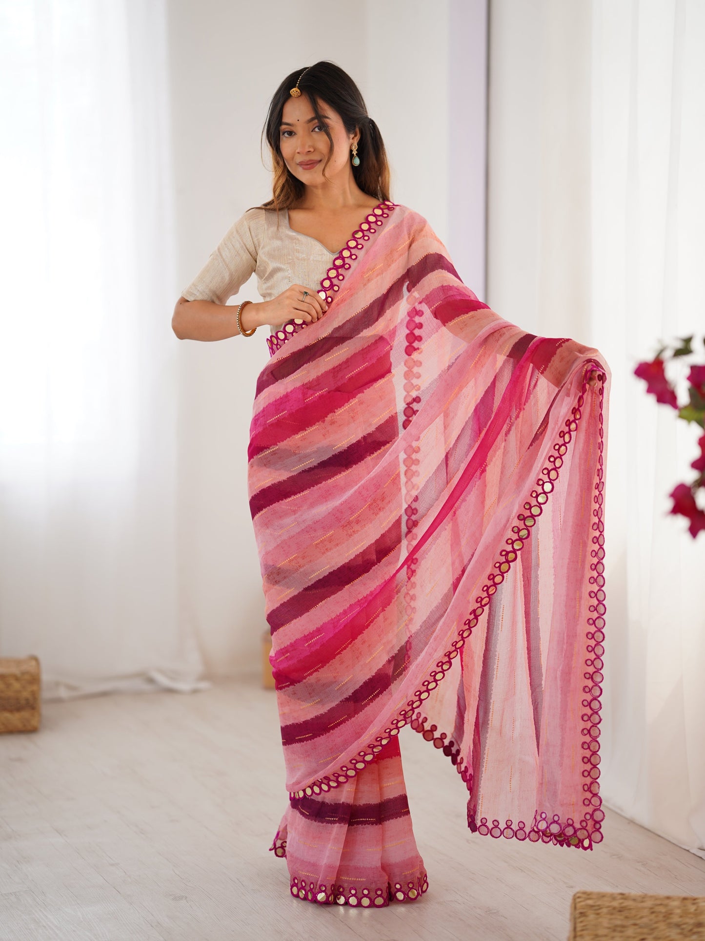 Jyoti Fashion Women's Pink Chinon Leriya Zari Printed Designer Saree with Blouse - Swadesiicart