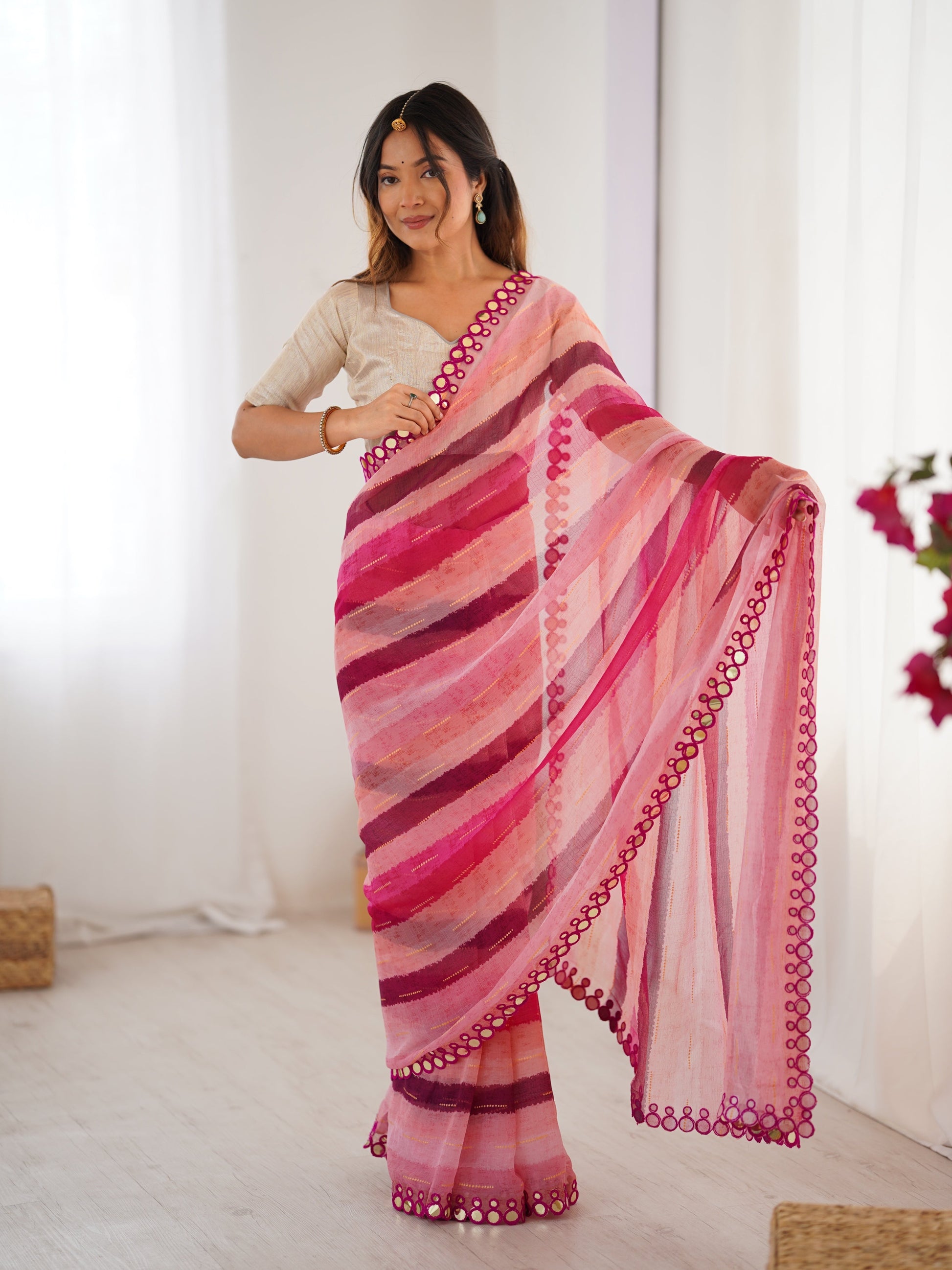 Jyoti Fashion Women's Pink Chinon Leriya Zari Printed Designer Saree with Blouse - Swadesiicart