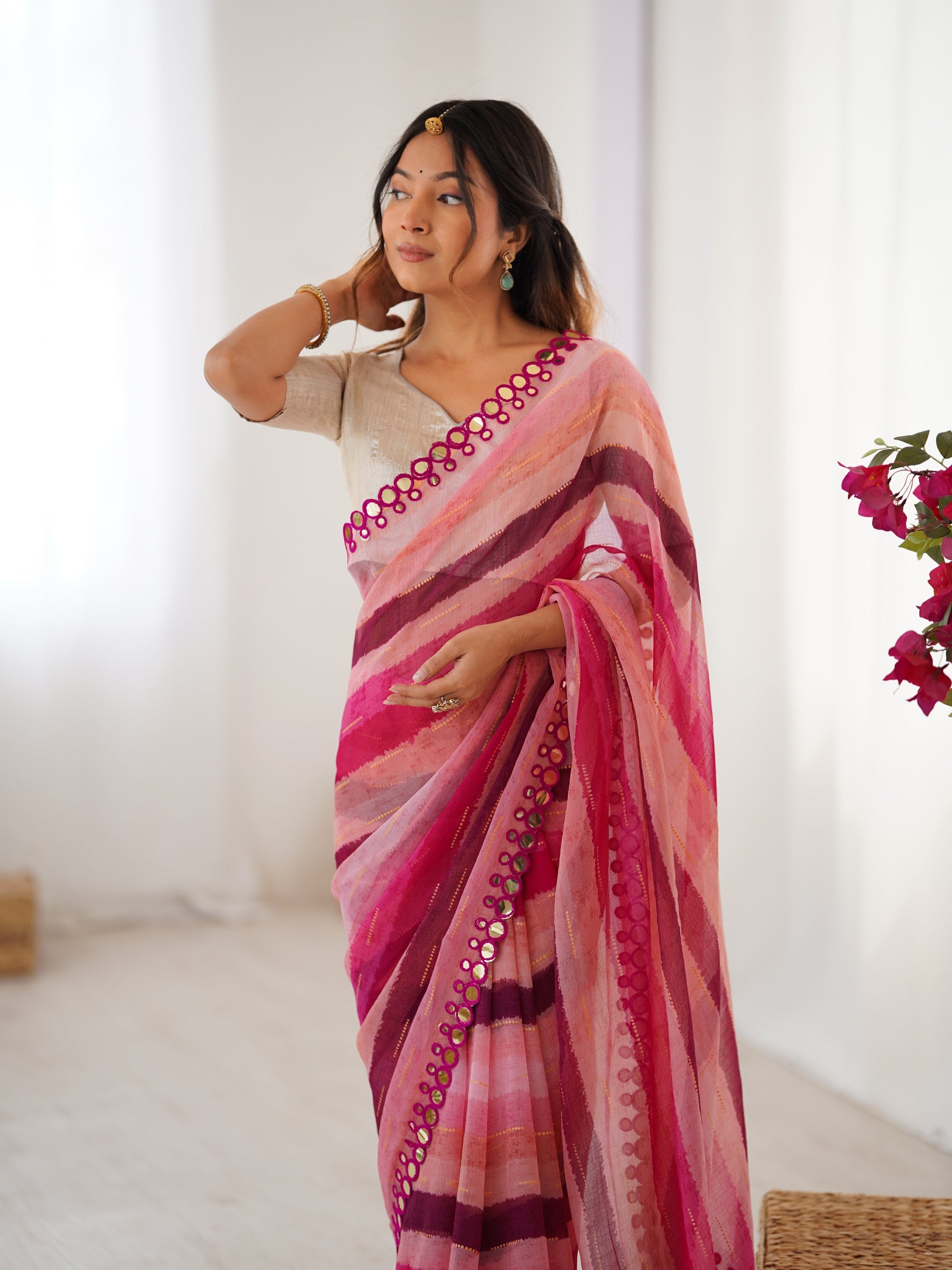Jyoti Fashion Women's Pink Chinon Leriya Zari Printed Designer Saree with Blouse - Swadesiicart