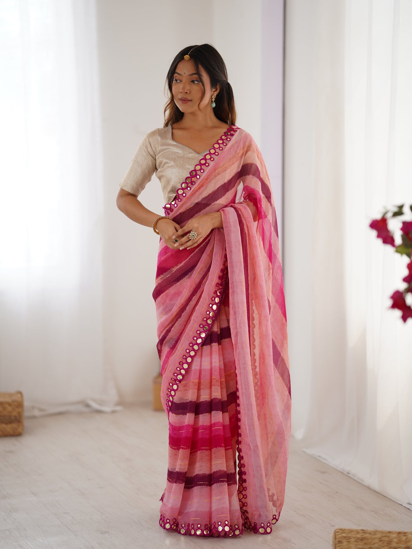Jyoti Fashion Women's Pink Chinon Leriya Zari Printed Designer Saree with Blouse - Swadesiicart