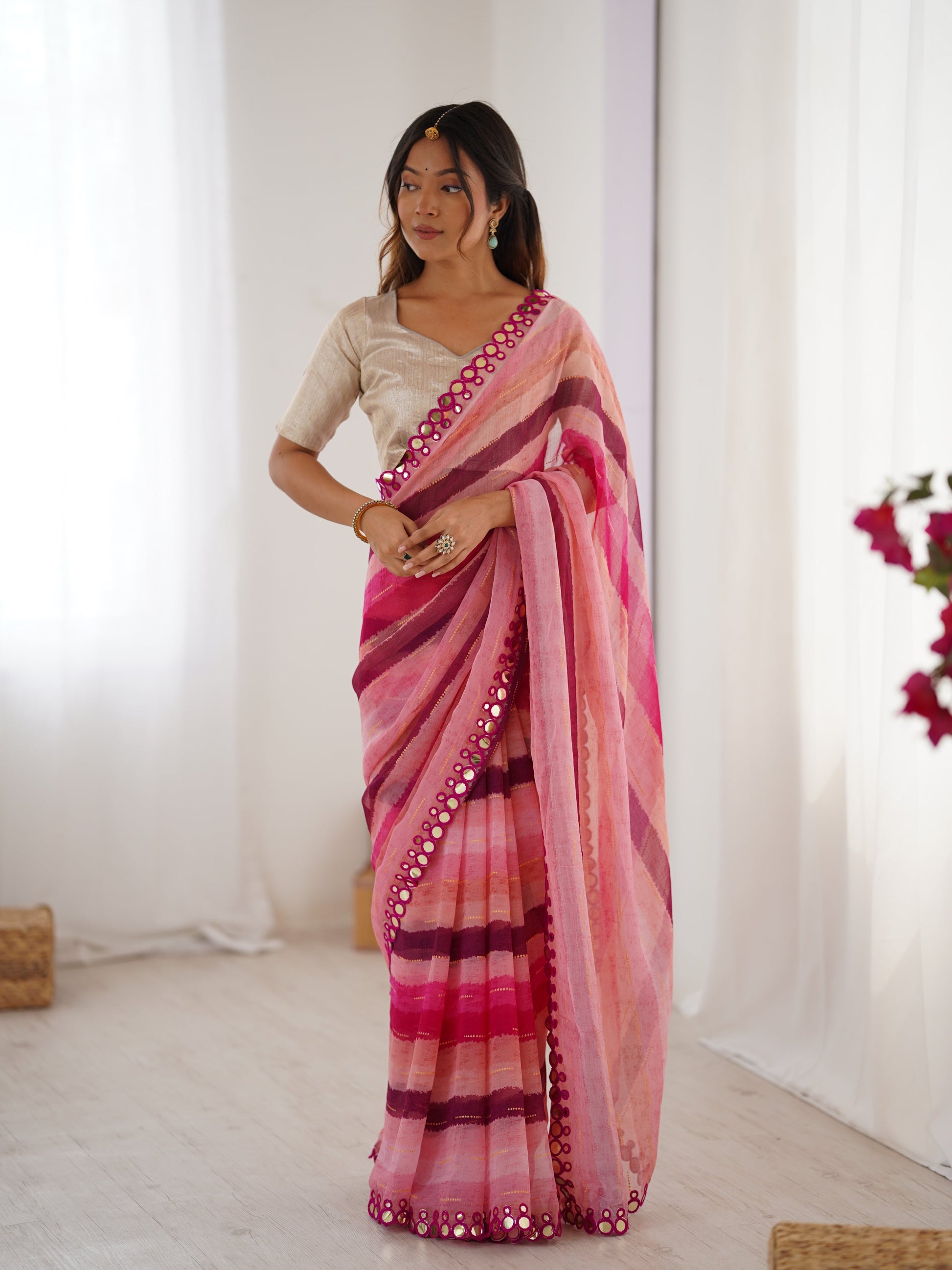 Jyoti Fashion Women's Pink Chinon Leriya Zari Printed Designer Saree with Blouse - Swadesiicart
