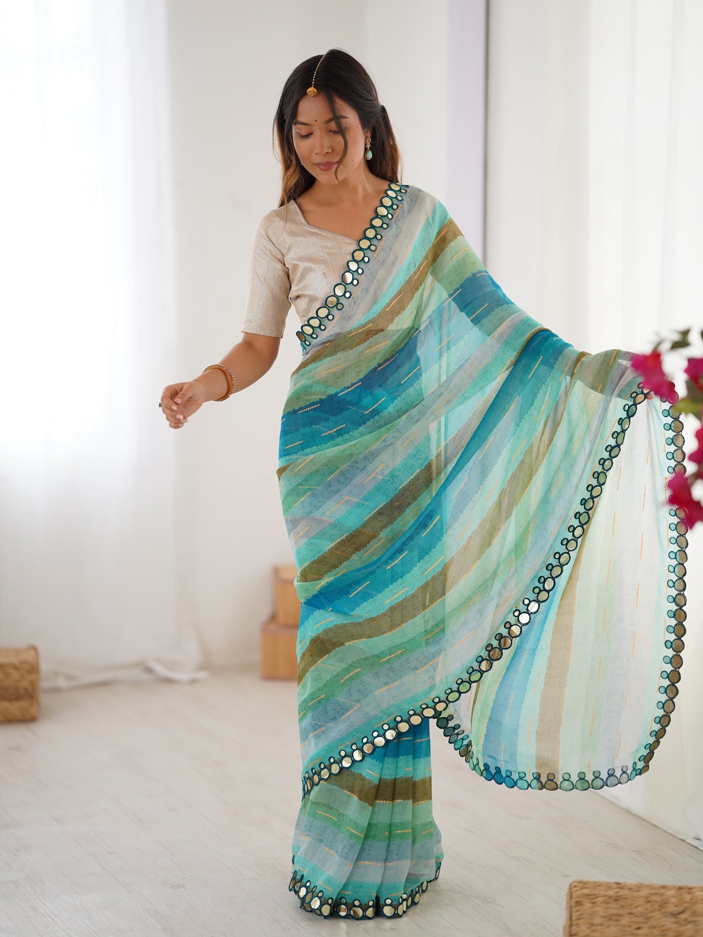 Jyoti Fashion Women's Sky Blue Chinon Leriya Zari Printed Designer Saree with Blouse - Swadesiicart