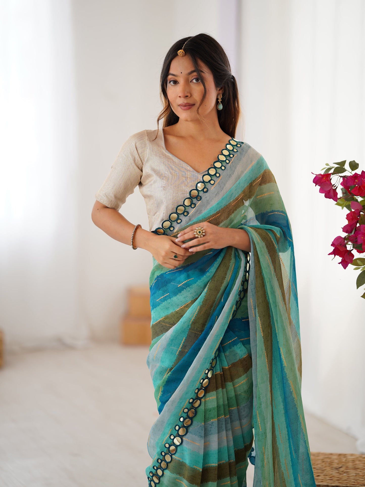 Jyoti Fashion Women's Sky Blue Chinon Leriya Zari Printed Designer Saree with Blouse - Swadesiicart