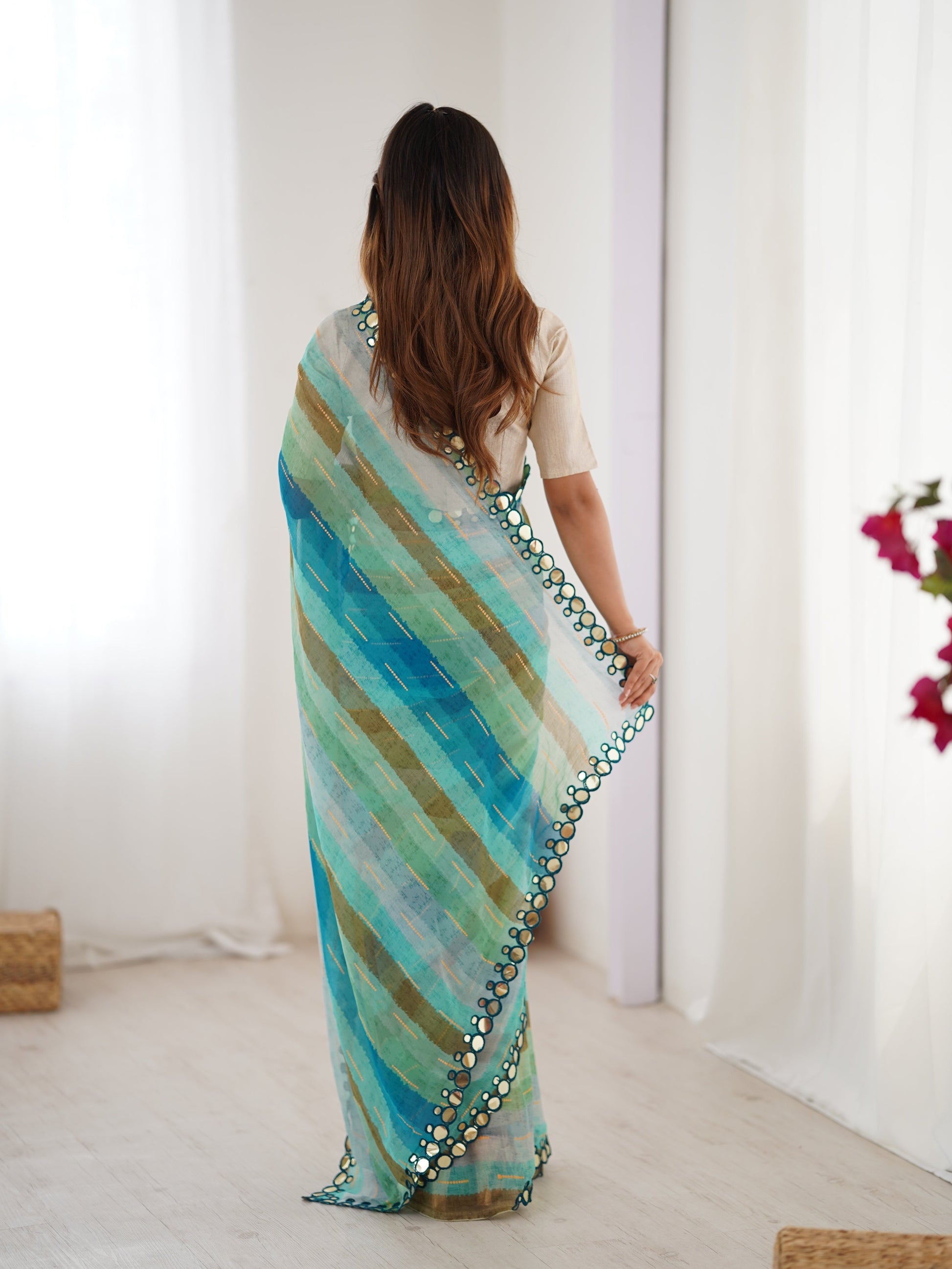 Jyoti Fashion Women's Sky Blue Chinon Leriya Zari Printed Designer Saree with Blouse - Swadesiicart