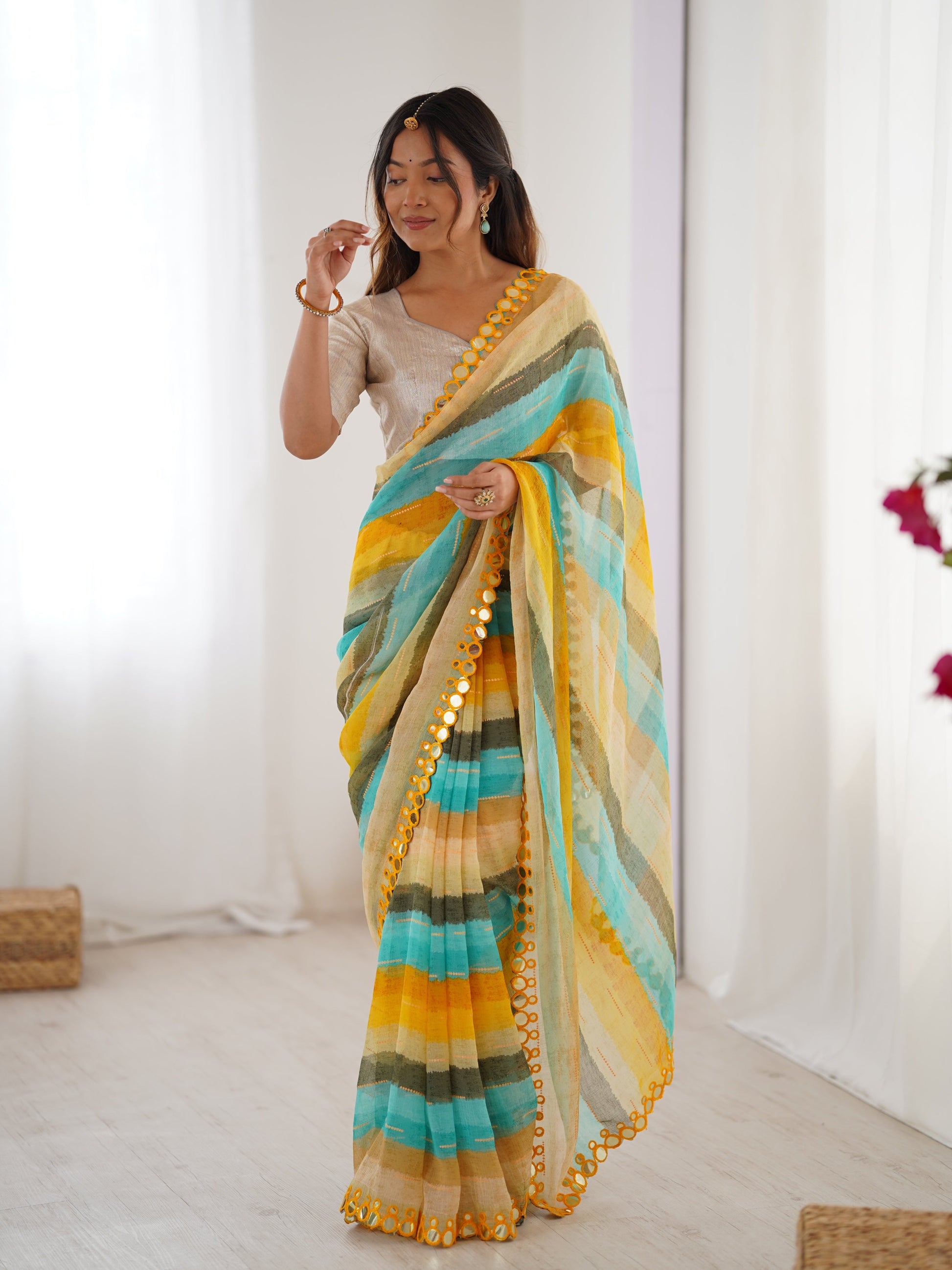 Jyoti Fashion Women's Yellow Chinon Leriya Zari Printed Designer Saree with Blouse - Swadesiicart