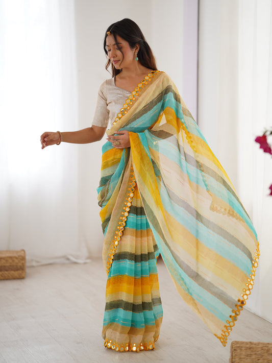 Jyoti Fashion Women's Yellow Chinon Leriya Zari Printed Designer Saree with Blouse - Swadesiicart