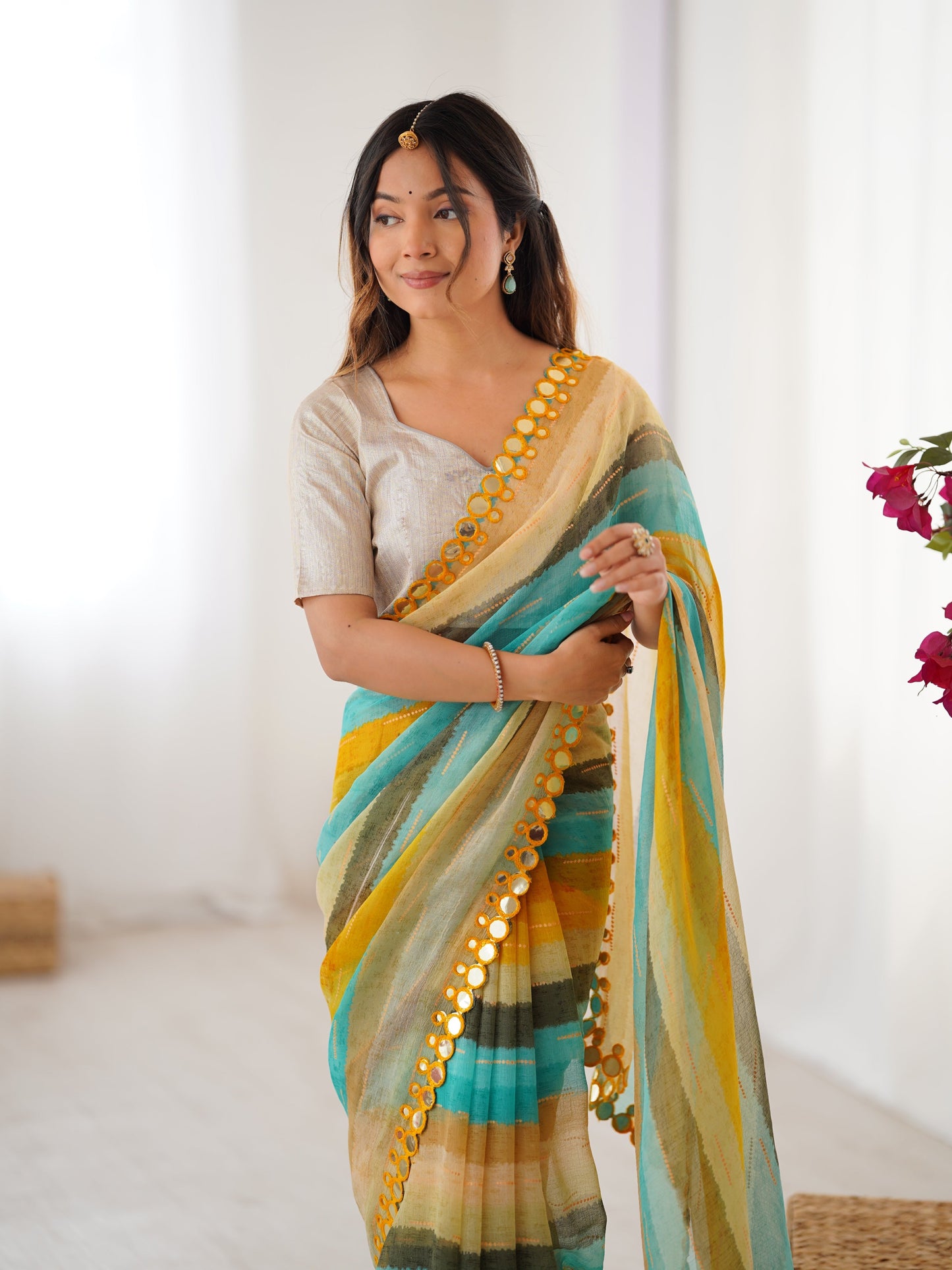 Jyoti Fashion Women's Yellow Chinon Leriya Zari Printed Designer Saree with Blouse - Swadesiicart
