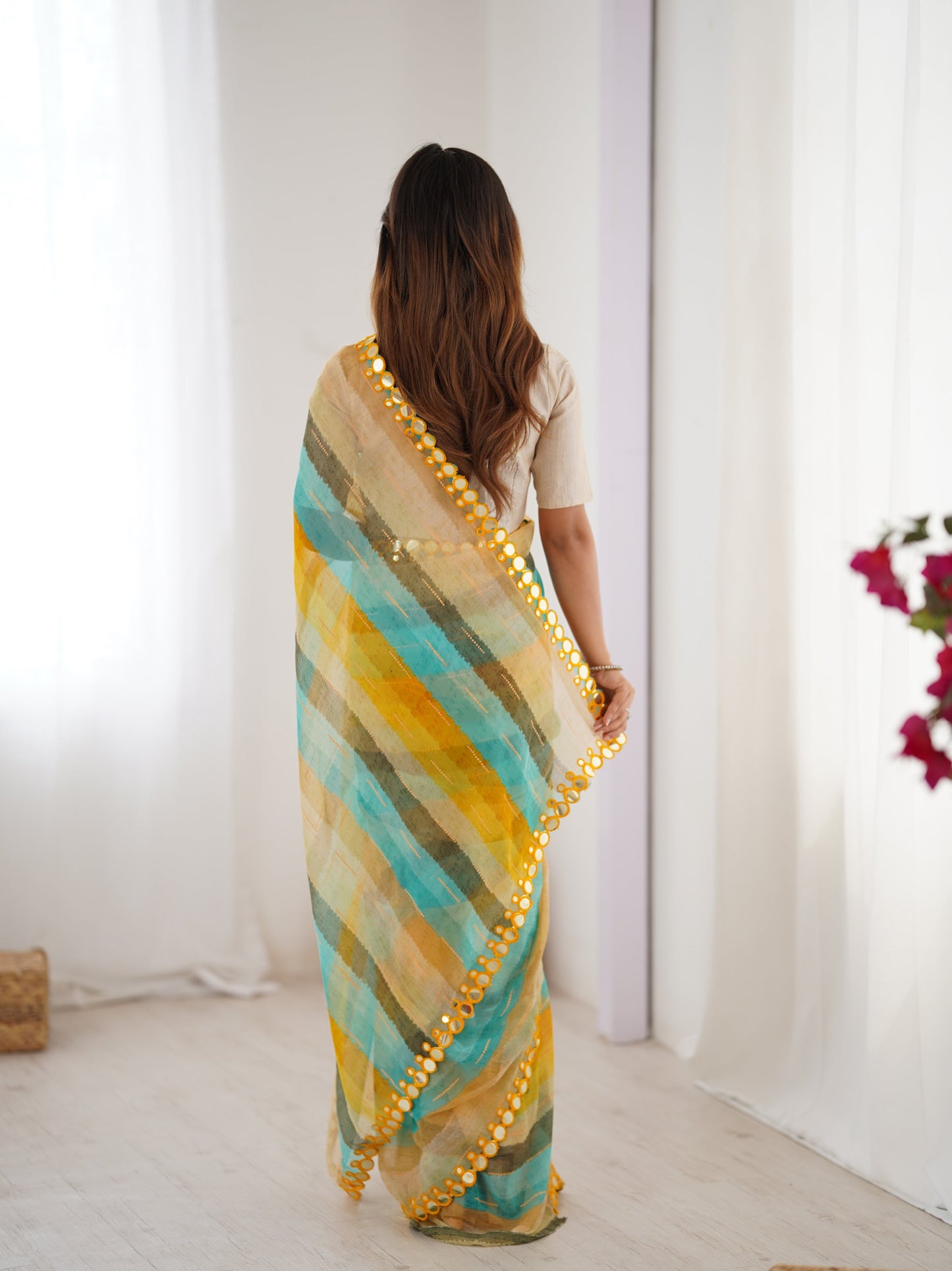 Jyoti Fashion Women's Yellow Chinon Leriya Zari Printed Designer Saree with Blouse - Swadesiicart