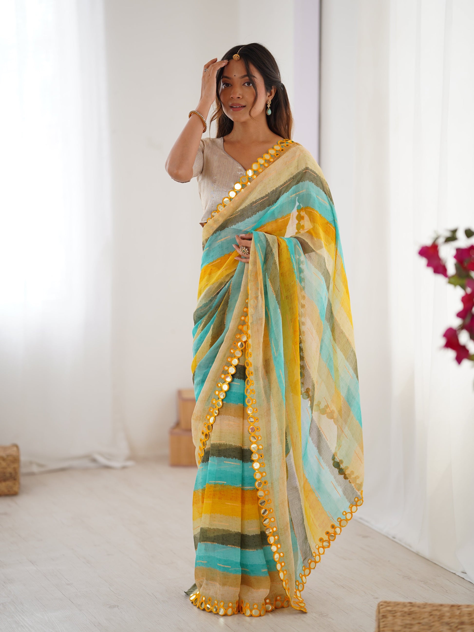 Jyoti Fashion Women's Yellow Chinon Leriya Zari Printed Designer Saree with Blouse - Swadesiicart