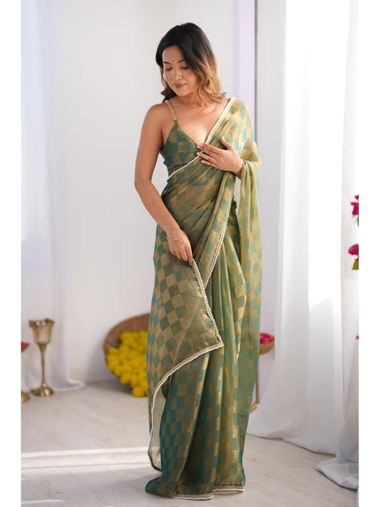 Jyoti Fashion Women's Mehendi Box Chiffon Moti Lace Border Designer Saree with Blouse - Swadesiicart