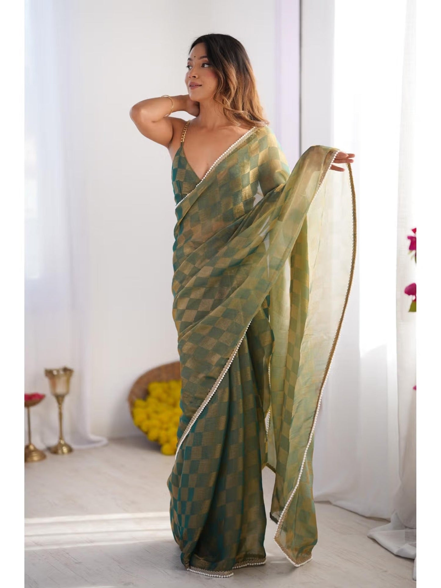 Jyoti Fashion Women's Mehendi Box Chiffon Moti Lace Border Designer Saree with Blouse - Swadesiicart