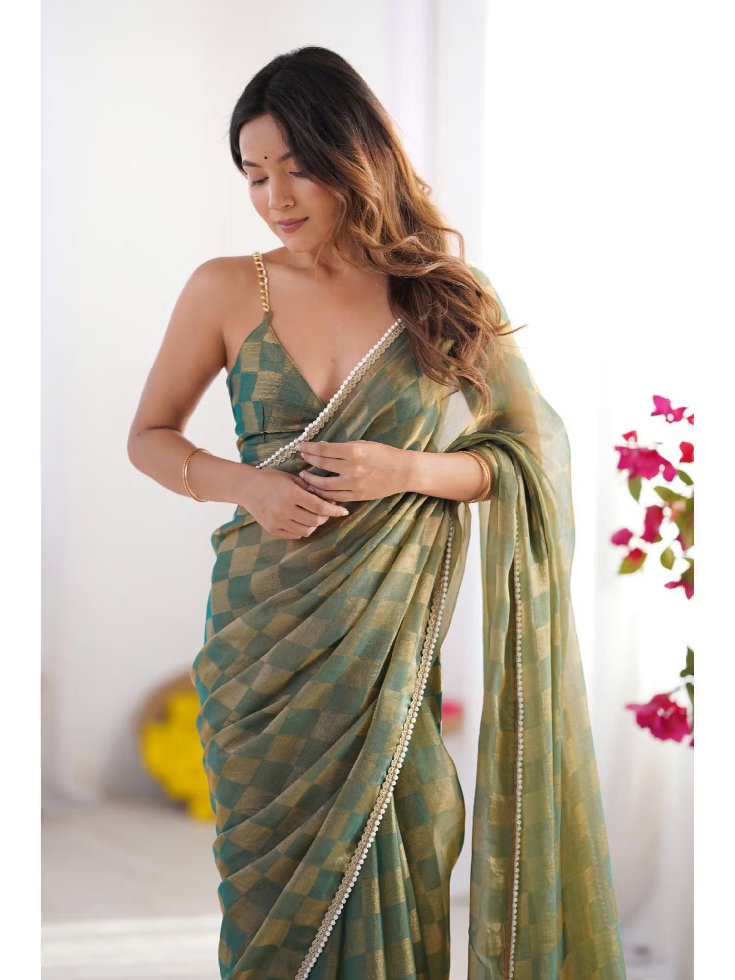 Jyoti Fashion Women's Mehendi Box Chiffon Moti Lace Border Designer Saree with Blouse - Swadesiicart