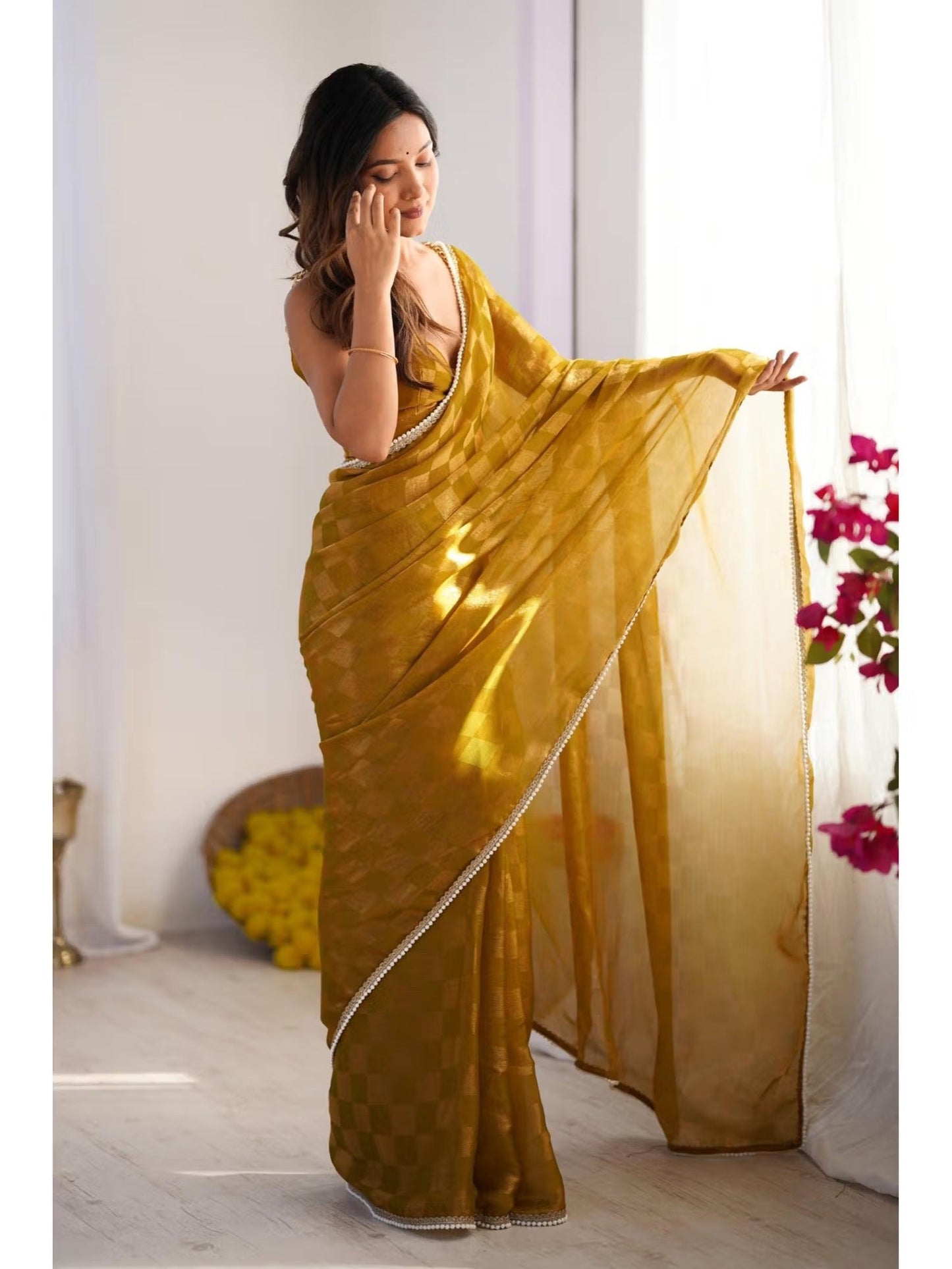 Jyoti Fashion Women's Mustard Box Chiffon Moti Lace Border Designer Saree with Blouse - Swadesiicart